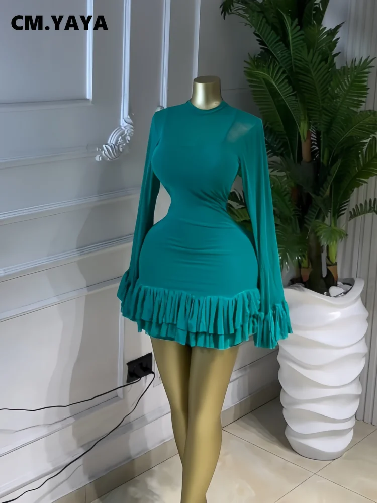 CM.YAYA Women Mesh Long Sleeve Wrap O-Neck Ruffles Pleated Hem Mini Party Dress 2026 Summer Party Beach Vacation Sexy Dress