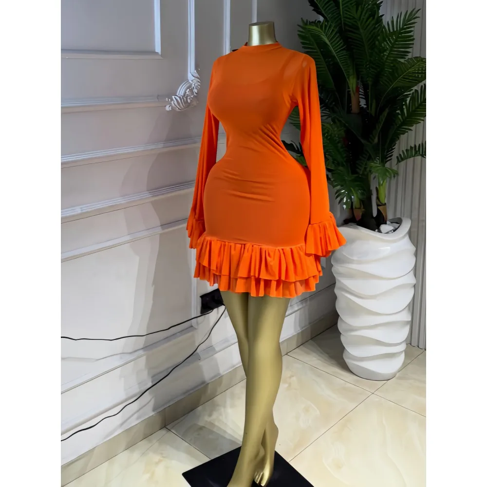 CM.YAYA Women Mesh Long Sleeve Wrap O-Neck Ruffles Pleated Hem Mini Party Dress 2026 Summer Party Beach Vacation Sexy Dress
