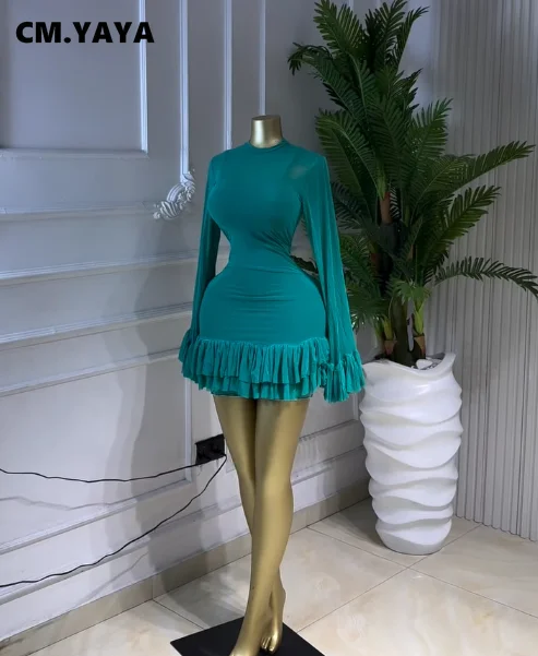 CM.YAYA Women Mesh Long Sleeve Wrap O-Neck Ruffles Pleated Hem Mini Party Dress 2026 Summer Party Beach Vacation Sexy Dress