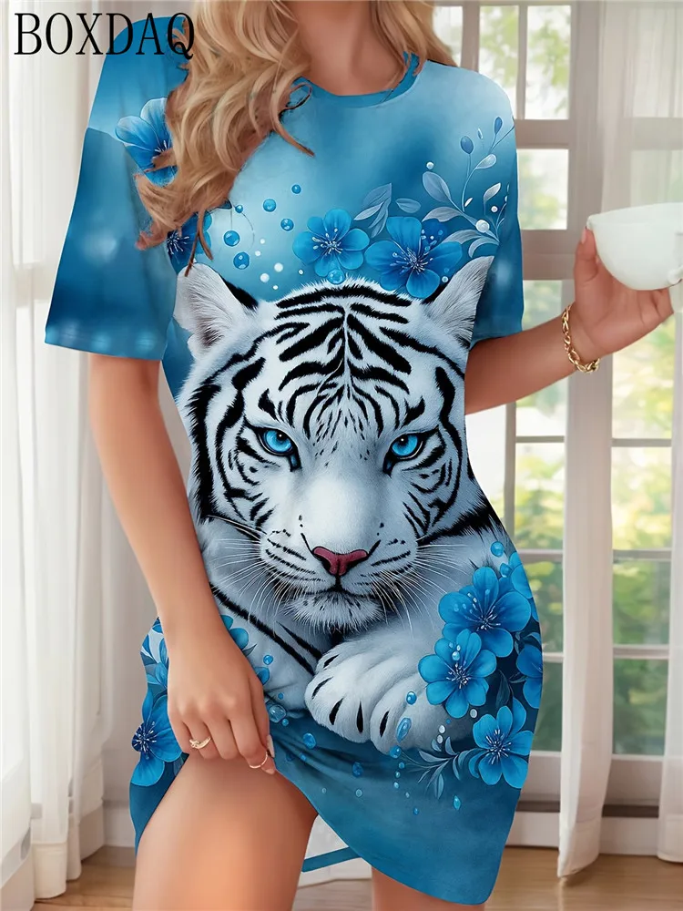 Summer Women's Dresses Casual Short Sleeve Round Neck Tiger Pattern Printed Loose Dress