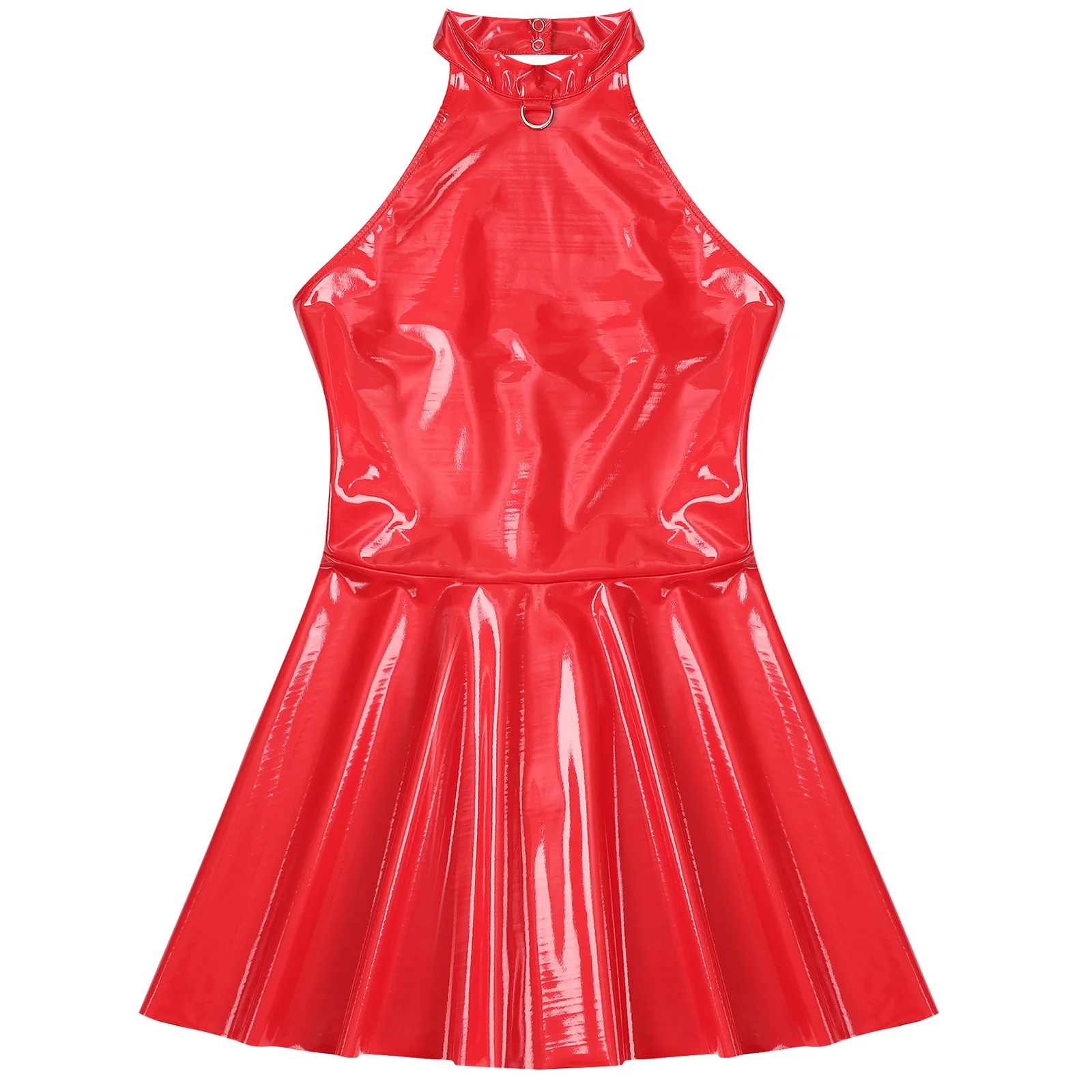 Womens Sexy Wet Look Patent Leather Slip Dress O-Ring Rivets Strappy V Neck Gothic Punk A-Line Mini Dresses Rave Party Clubwear