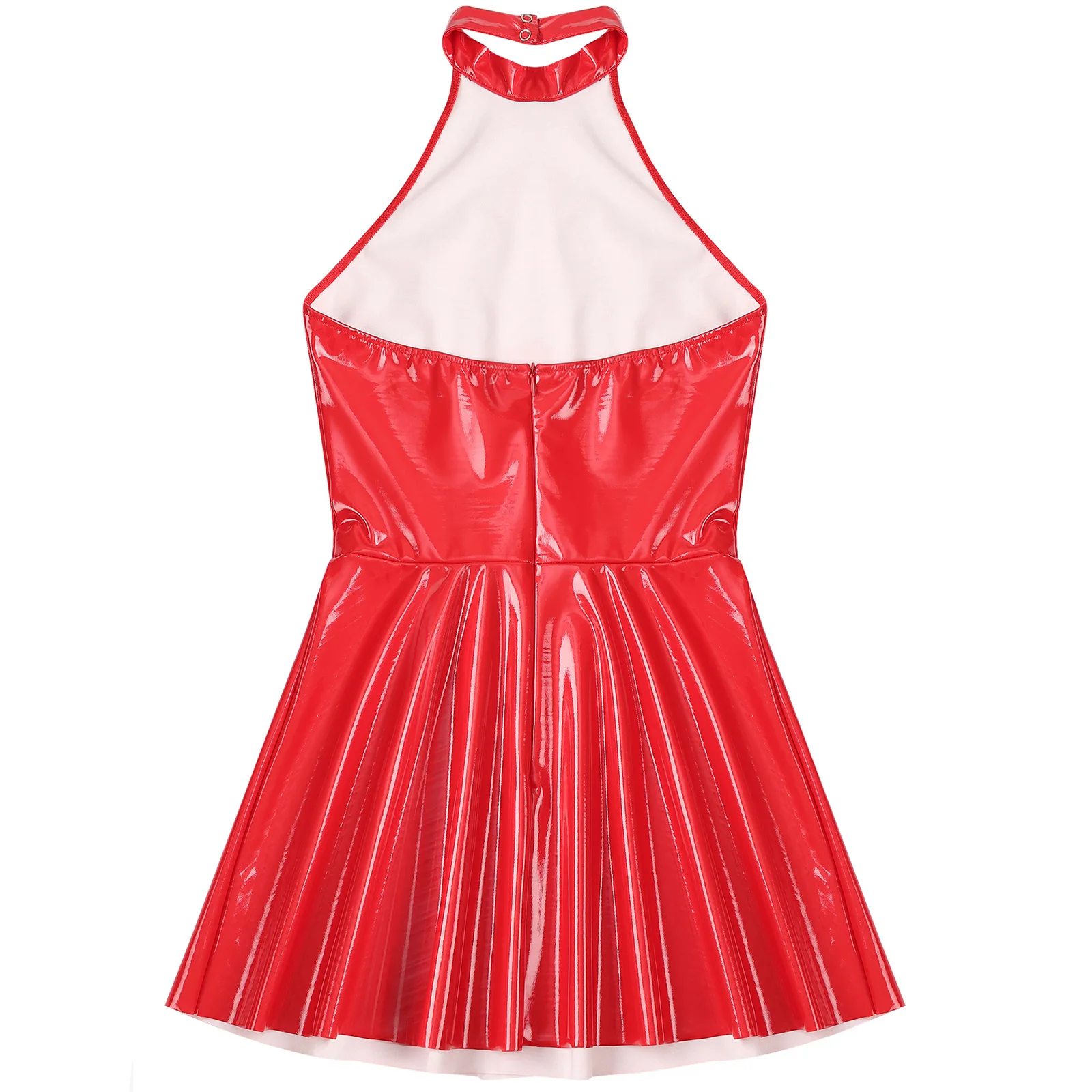 Womens Sexy Wet Look Patent Leather Slip Dress O-Ring Rivets Strappy V Neck Gothic Punk A-Line Mini Dresses Rave Party Clubwear