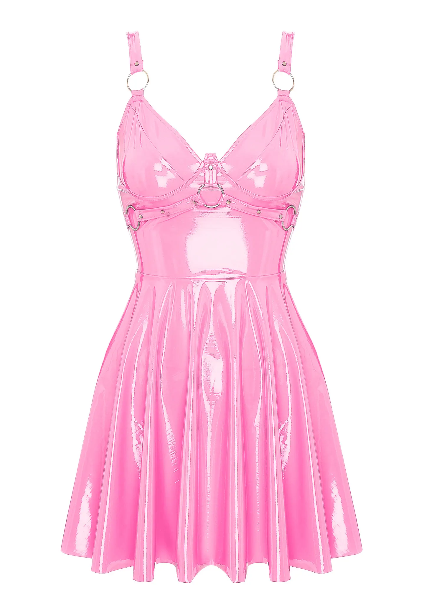 Womens Sexy Wet Look Patent Leather Slip Dress O-Ring Rivets Strappy V Neck Gothic Punk A-Line Mini Dresses Rave Party Clubwear