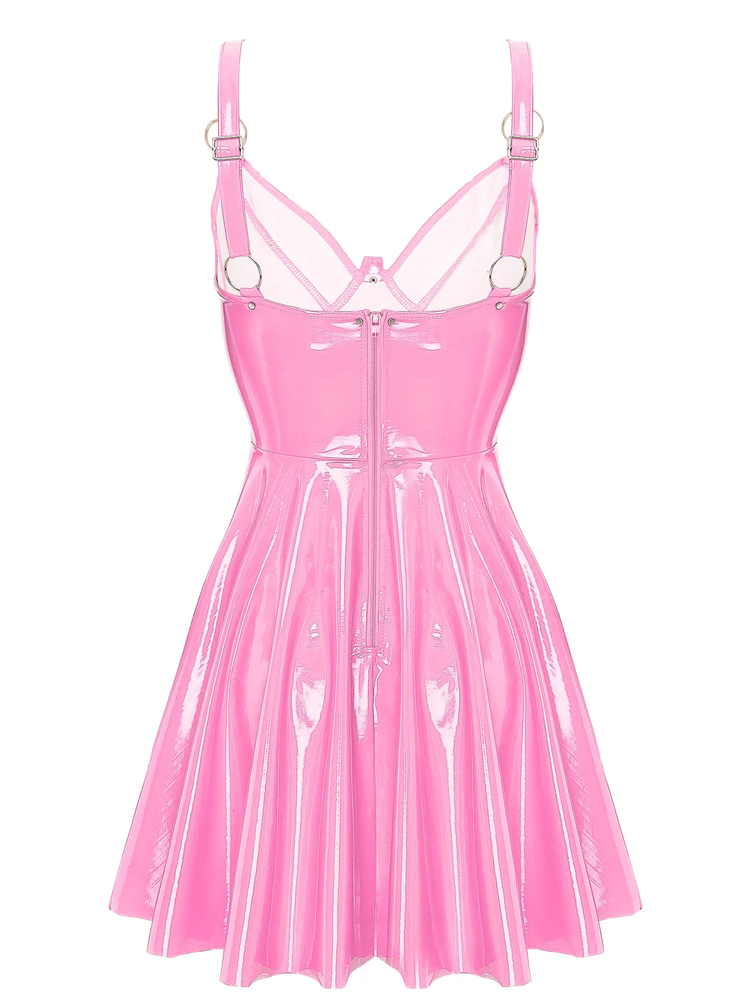 Womens Sexy Wet Look Patent Leather Slip Dress O-Ring Rivets Strappy V Neck Gothic Punk A-Line Mini Dresses Rave Party Clubwear