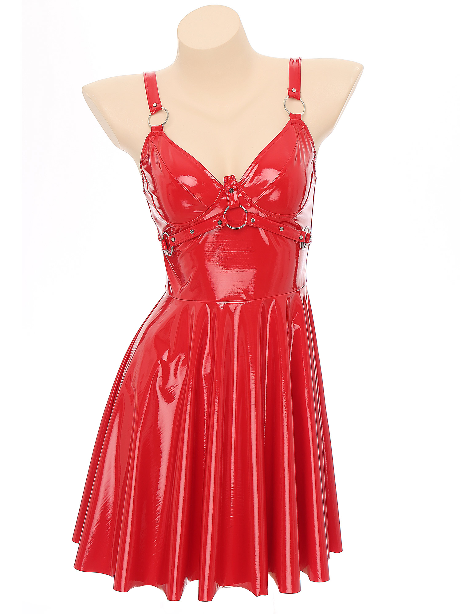 Womens Sexy Wet Look Patent Leather Slip Dress O-Ring Rivets Strappy V Neck Gothic Punk A-Line Mini Dresses Rave Party Clubwear