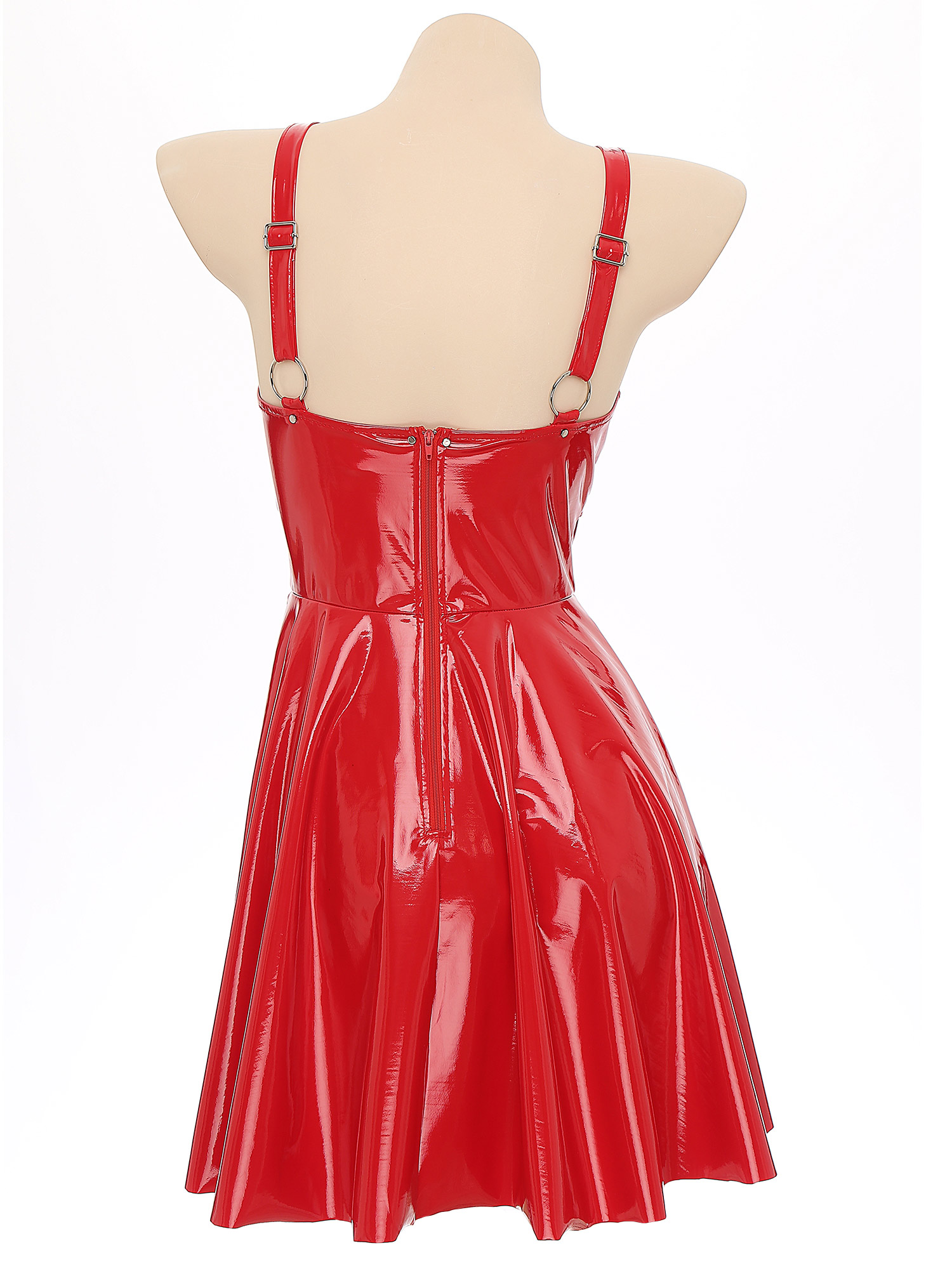 Womens Sexy Wet Look Patent Leather Slip Dress O-Ring Rivets Strappy V Neck Gothic Punk A-Line Mini Dresses Rave Party Clubwear