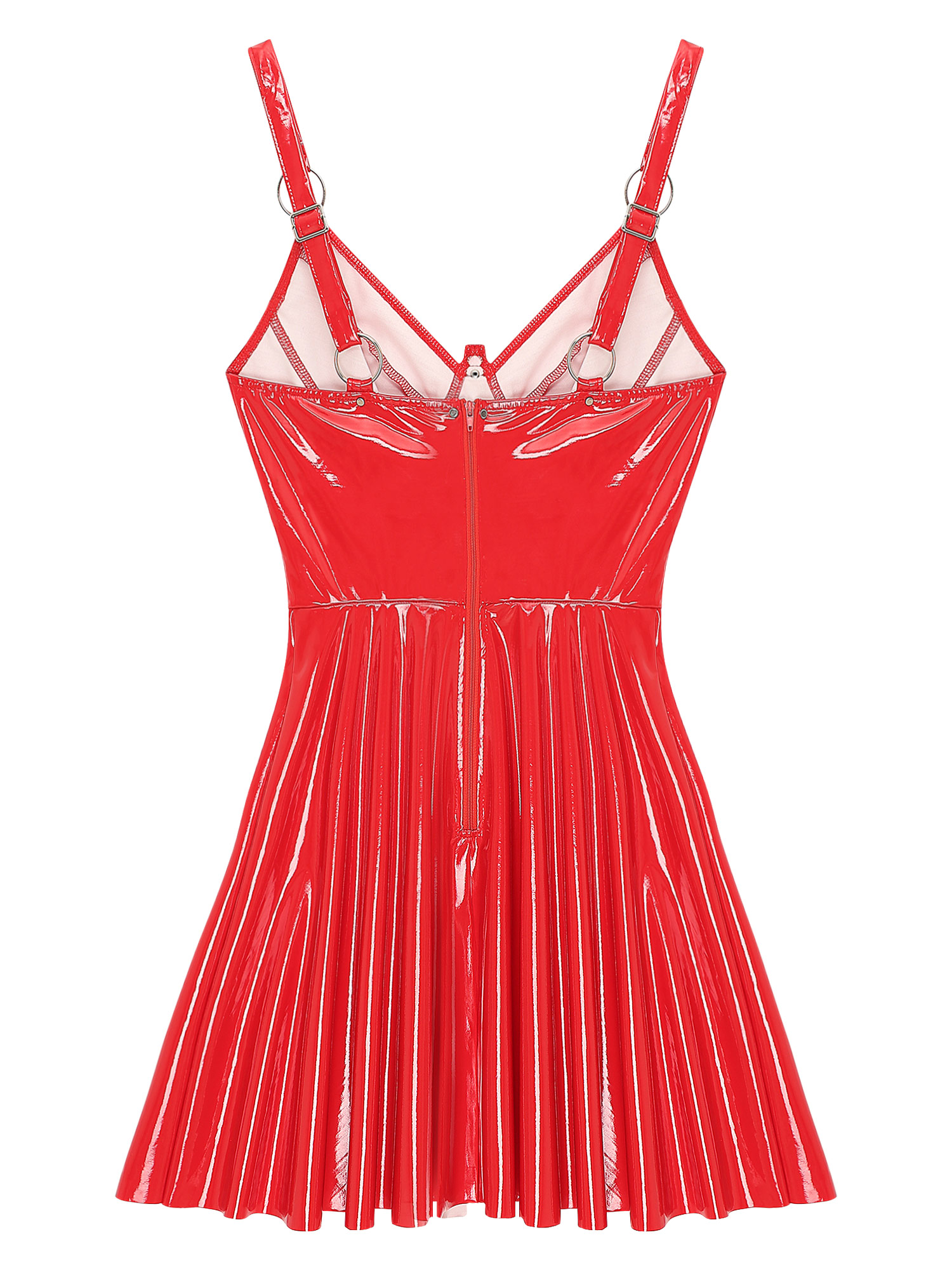 Womens Sexy Wet Look Patent Leather Slip Dress O-Ring Rivets Strappy V Neck Gothic Punk A-Line Mini Dresses Rave Party Clubwear