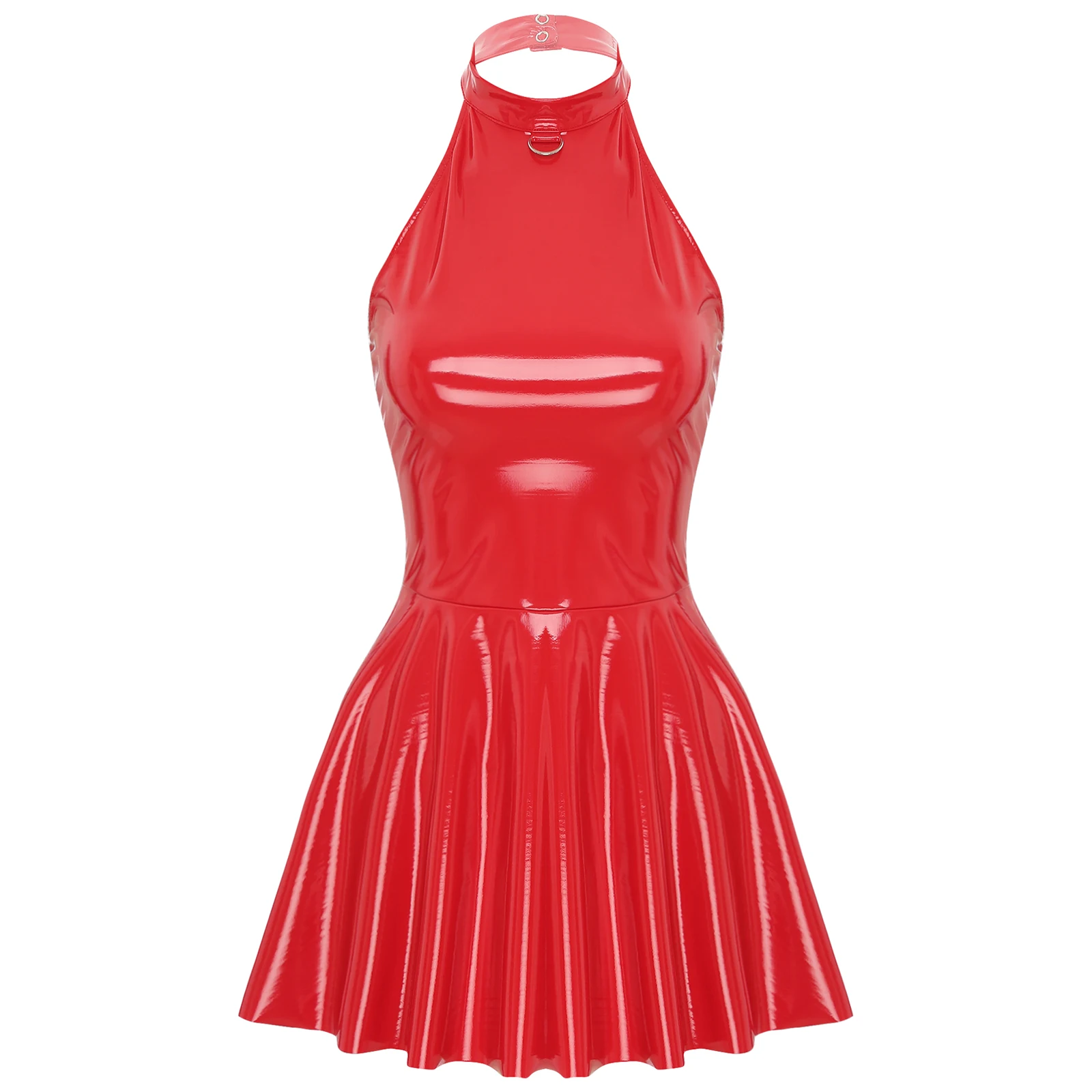 Womens Sexy Wet Look Patent Leather Slip Dress O-Ring Rivets Strappy V Neck Gothic Punk A-Line Mini Dresses Rave Party Clubwear