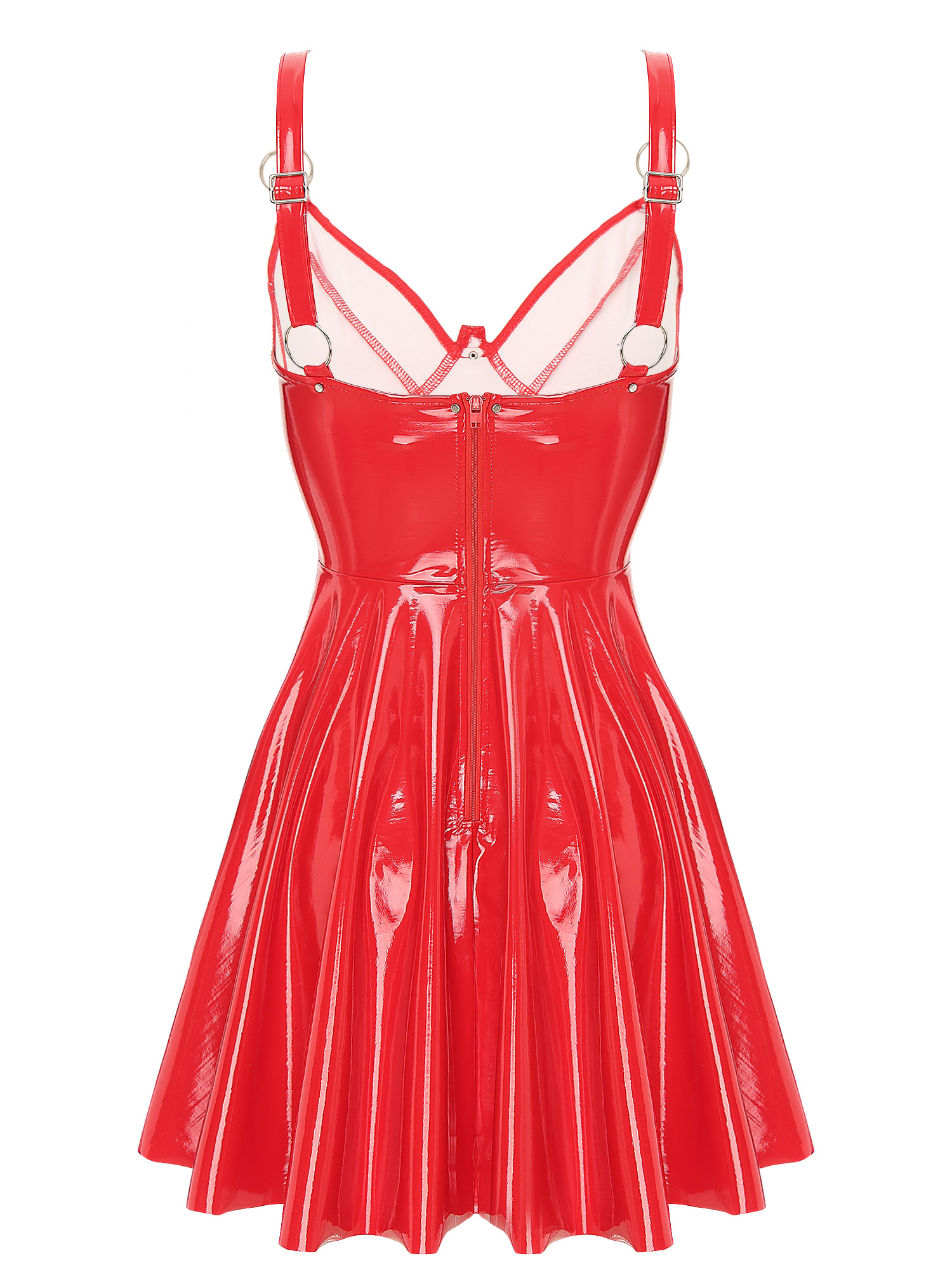 Womens Sexy Wet Look Patent Leather Slip Dress O-Ring Rivets Strappy V Neck Gothic Punk A-Line Mini Dresses Rave Party Clubwear