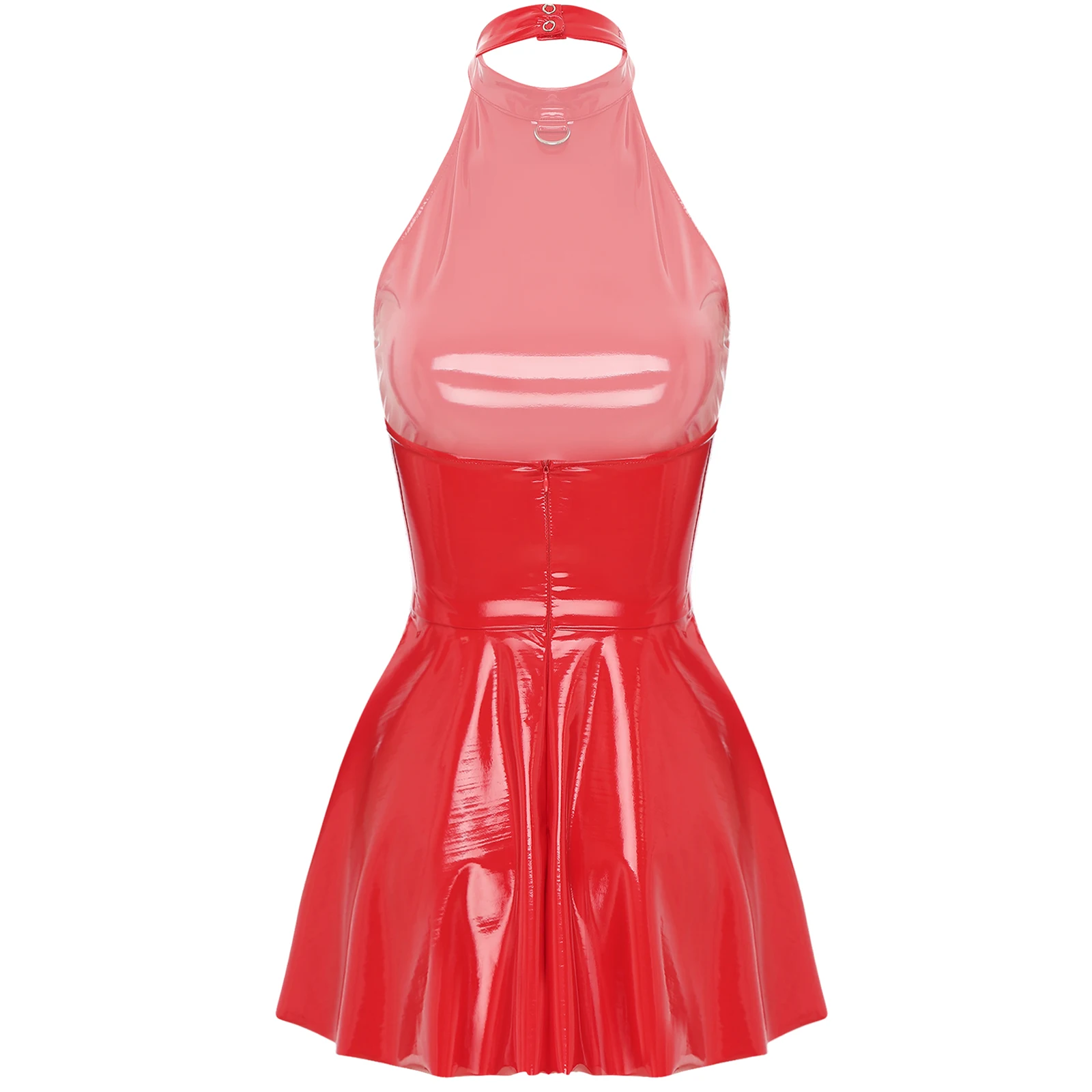 Womens Sexy Wet Look Patent Leather Slip Dress O-Ring Rivets Strappy V Neck Gothic Punk A-Line Mini Dresses Rave Party Clubwear