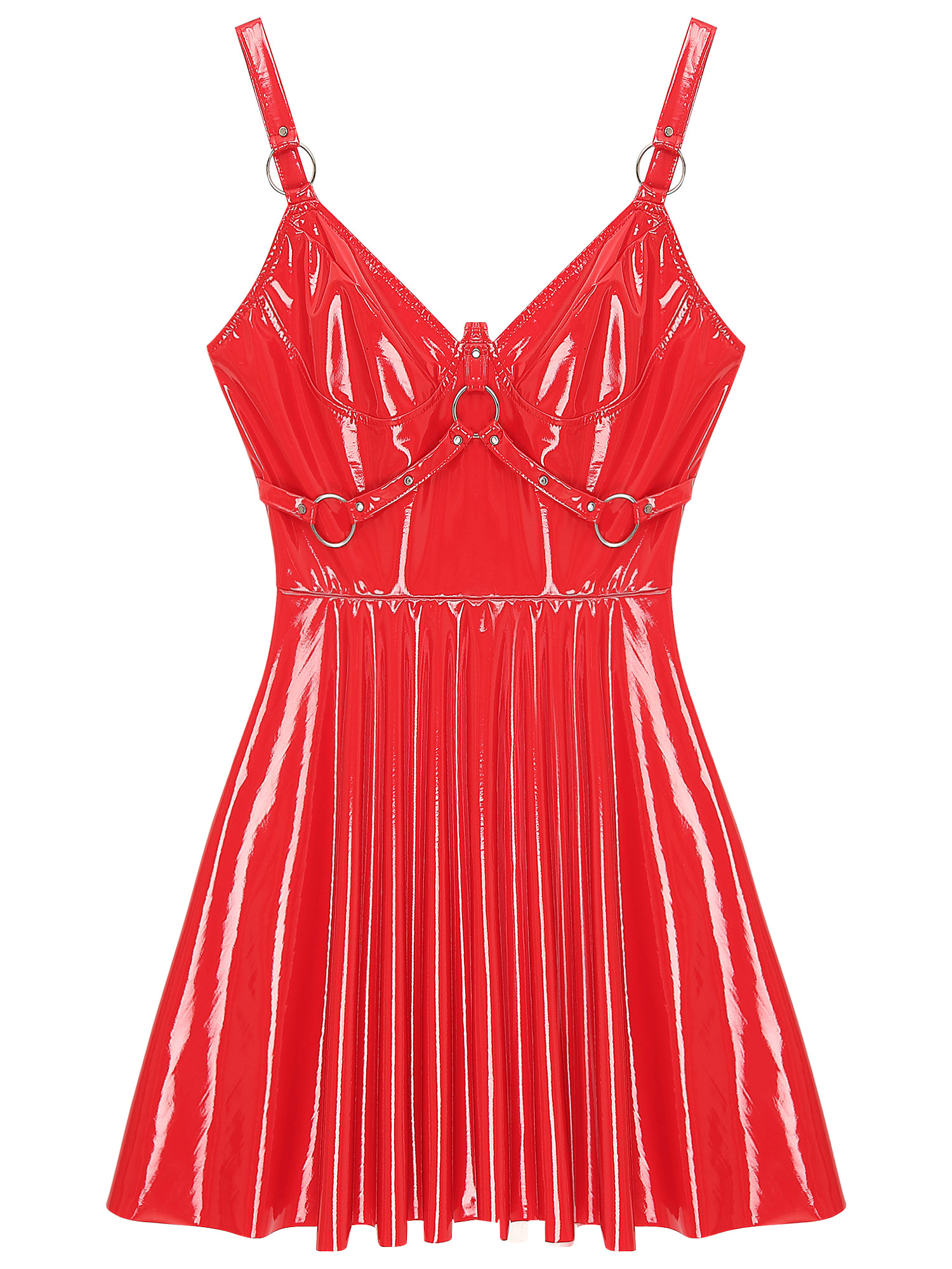 Womens Sexy Wet Look Patent Leather Slip Dress O-Ring Rivets Strappy V Neck Gothic Punk A-Line Mini Dresses Rave Party Clubwear