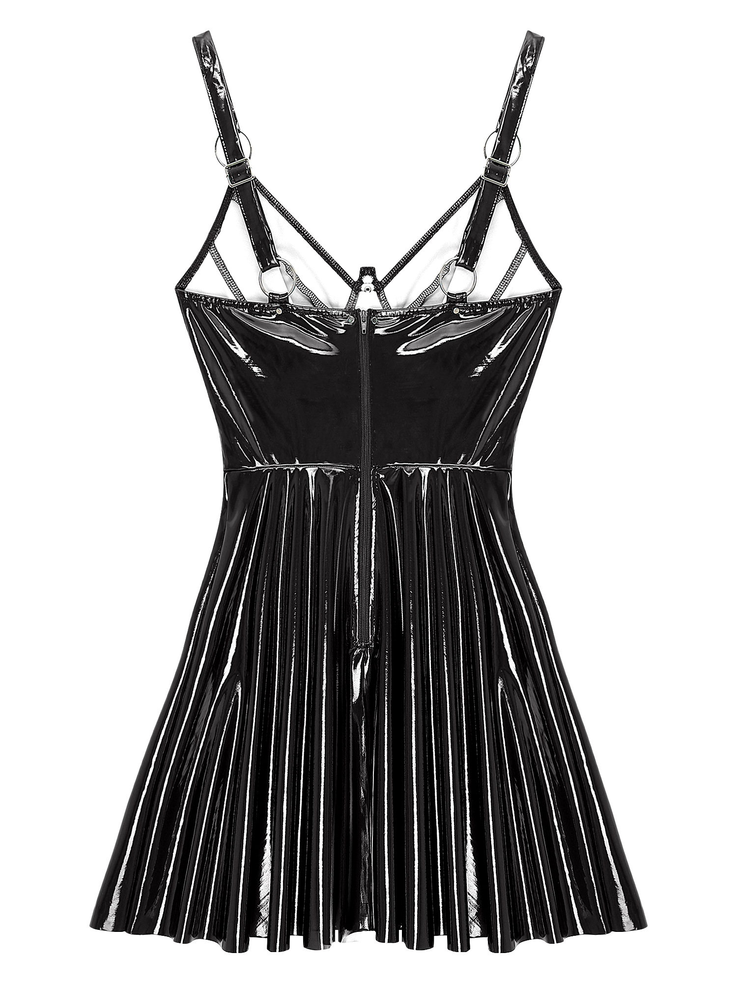 Womens Sexy Wet Look Patent Leather Slip Dress O-Ring Rivets Strappy V Neck Gothic Punk A-Line Mini Dresses Rave Party Clubwear