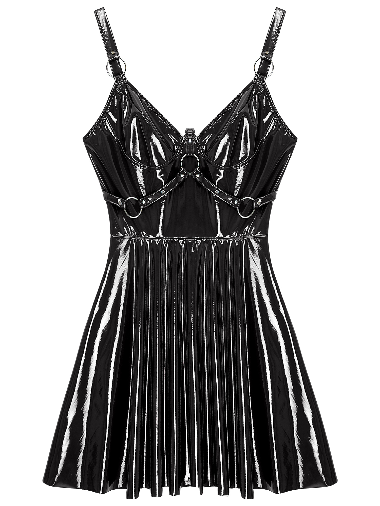 Womens Sexy Wet Look Patent Leather Slip Dress O-Ring Rivets Strappy V Neck Gothic Punk A-Line Mini Dresses Rave Party Clubwear