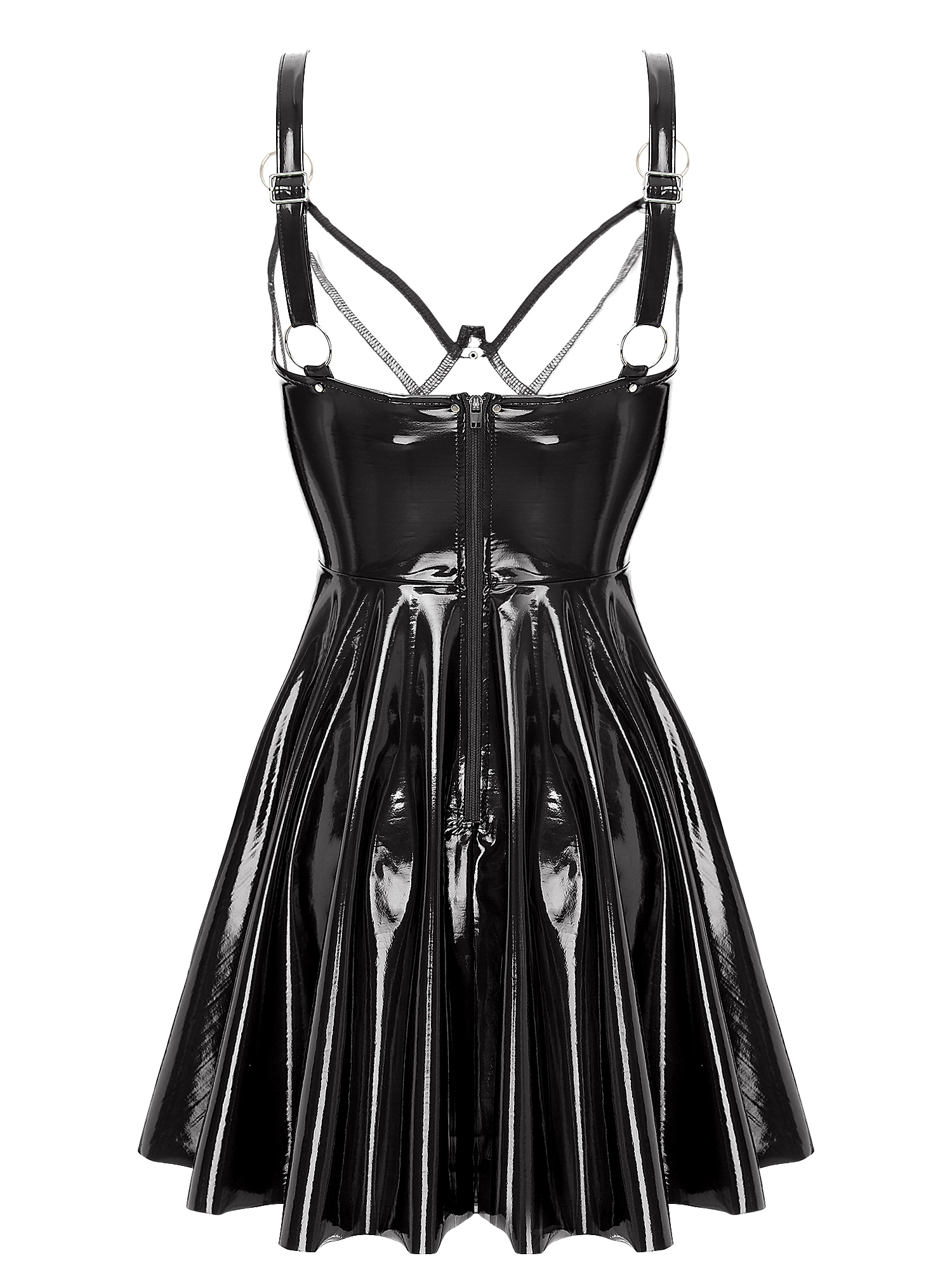 Womens Sexy Wet Look Patent Leather Slip Dress O-Ring Rivets Strappy V Neck Gothic Punk A-Line Mini Dresses Rave Party Clubwear