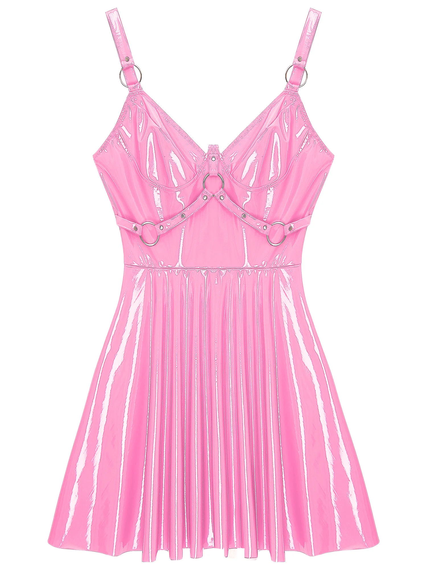 Womens Sexy Wet Look Patent Leather Slip Dress O-Ring Rivets Strappy V Neck Gothic Punk A-Line Mini Dresses Rave Party Clubwear