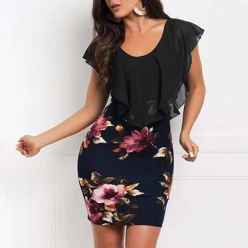 Dress Women Summer 2023 Sexy Floral Printing Splicing Printed Slim Mini O Neck Dresses Casual Vestidos ZCQZ9