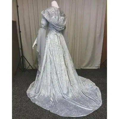 Women Cosplay Dresses Splice Medieval Retro Hooded Long Sleeve Drawstring Waist Cinched Large Floor Length Skirt Dress Vestidos