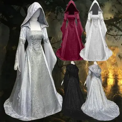 Women Cosplay Dresses Splice Medieval Retro Hooded Long Sleeve Drawstring Waist Cinched Large Floor Length Skirt Dress Vestidos