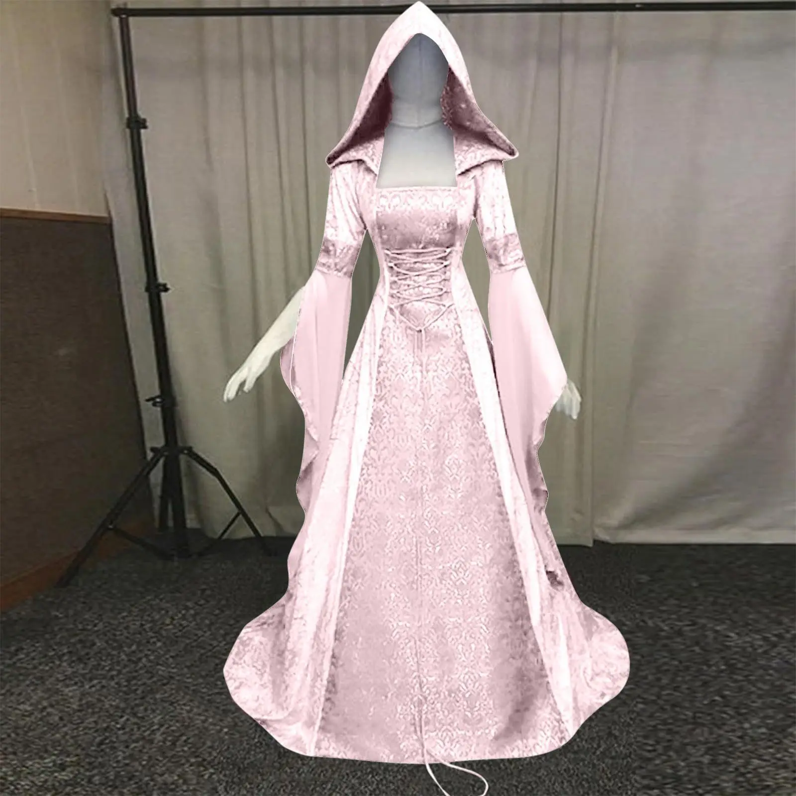 Women Cosplay Dresses Splice Medieval Retro Hooded Long Sleeve Drawstring Waist Cinched Large Floor Length Skirt Dress Vestidos