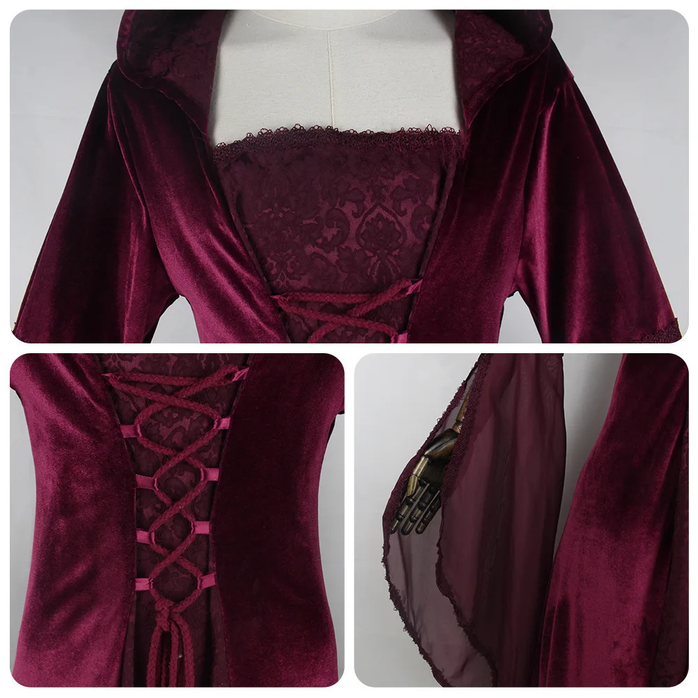 Women Cosplay Dresses Splice Medieval Retro Hooded Long Sleeve Drawstring Waist Cinched Large Floor Length Skirt Dress Vestidos