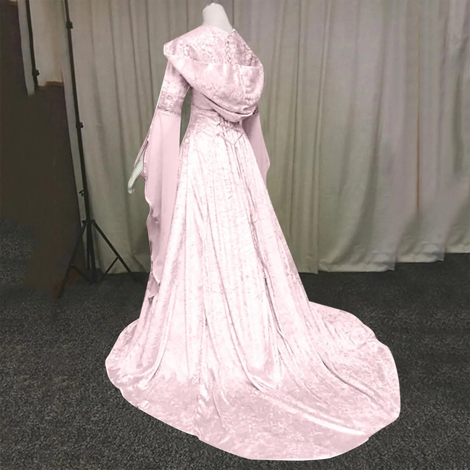 Women Cosplay Dresses Splice Medieval Retro Hooded Long Sleeve Drawstring Waist Cinched Large Floor Length Skirt Dress Vestidos