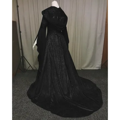 Women Cosplay Dresses Splice Medieval Retro Hooded Long Sleeve Drawstring Waist Cinched Large Floor Length Skirt Dress Vestidos