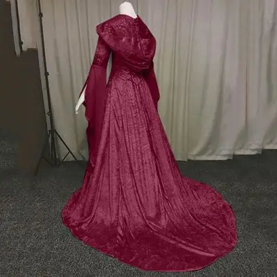 Women Cosplay Dresses Splice Medieval Retro Hooded Long Sleeve Drawstring Waist Cinched Large Floor Length Skirt Dress Vestidos