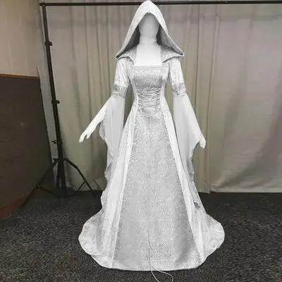 Women Cosplay Dresses Splice Medieval Retro Hooded Long Sleeve Drawstring Waist Cinched Large Floor Length Skirt Dress Vestidos