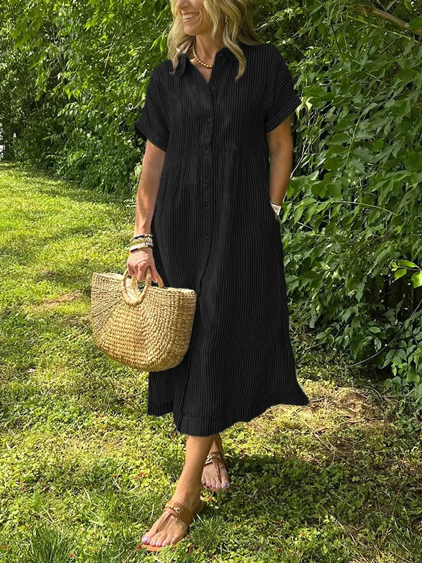 Summer Women's Striped Dress Shirt Lapel Loose Button Cardigan Pocket Fashion Vacation Casual Street Midi Skirt for Female