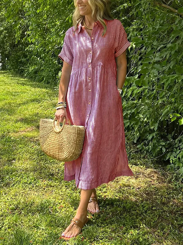 Summer Women's Striped Dress Shirt Lapel Loose Button Cardigan Pocket Fashion Vacation Casual Street Midi Skirt for Female