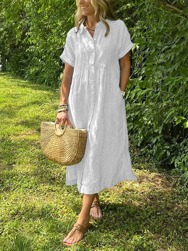 Summer Women's Striped Dress Shirt Lapel Loose Button Cardigan Pocket Fashion Vacation Casual Street Midi Skirt for Female