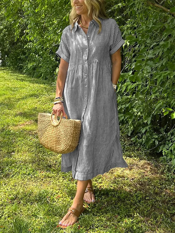 Summer Women's Striped Dress Shirt Lapel Loose Button Cardigan Pocket Fashion Vacation Casual Street Midi Skirt for Female