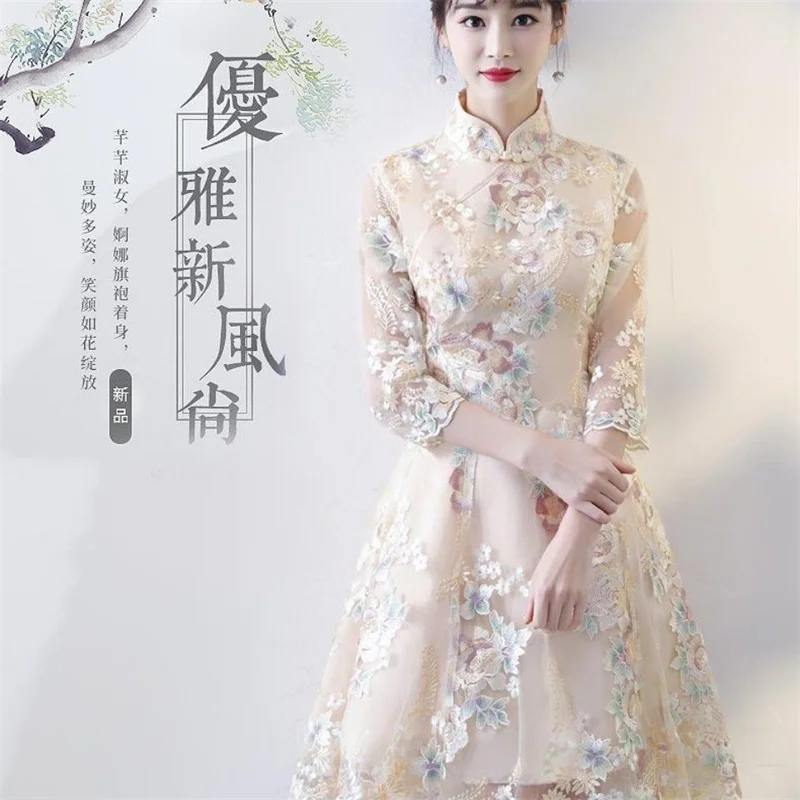 Spring Autumn Female Cheongsam Style Long Dresses Women Half Sleeve Lmproved Maxi Dress 2025 Ladies Fashion Solid Color Vestidos