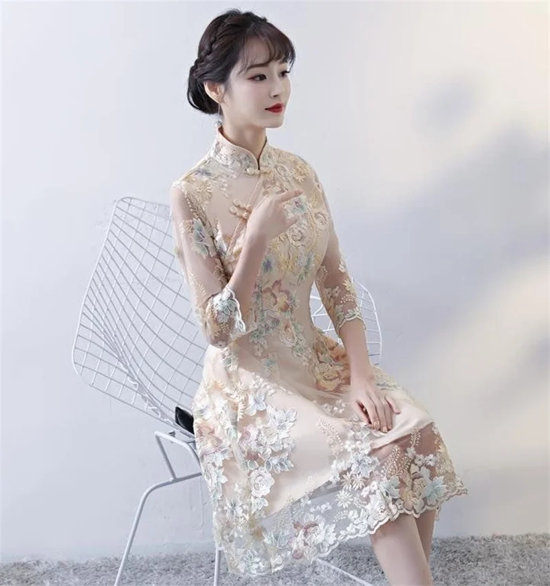 Spring Autumn Female Cheongsam Style Long Dresses Women Half Sleeve Lmproved Maxi Dress 2025 Ladies Fashion Solid Color Vestidos