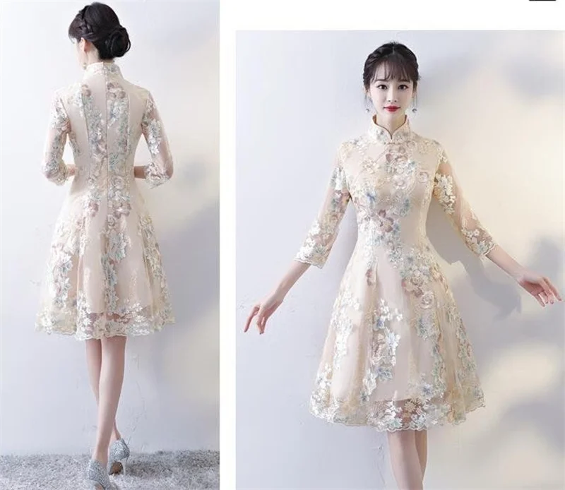 Spring Autumn Female Cheongsam Style Long Dresses Women Half Sleeve Lmproved Maxi Dress 2025 Ladies Fashion Solid Color Vestidos