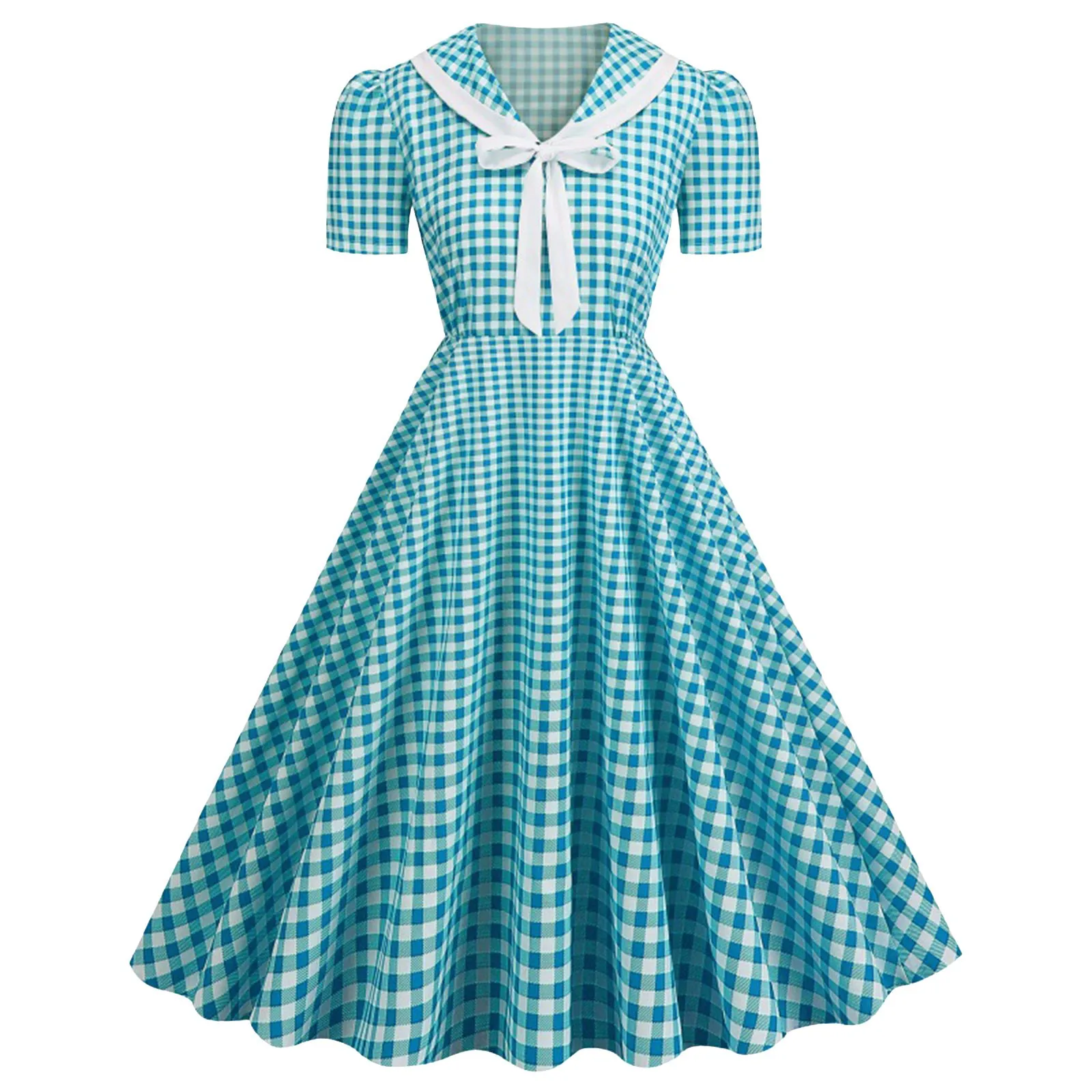 Plaid Printed Vintage Dresses Women Retro 50s 60s Swing Dress Rockabilly Party A Line Dress Summer Lady Bow Prom Dresses Vestido