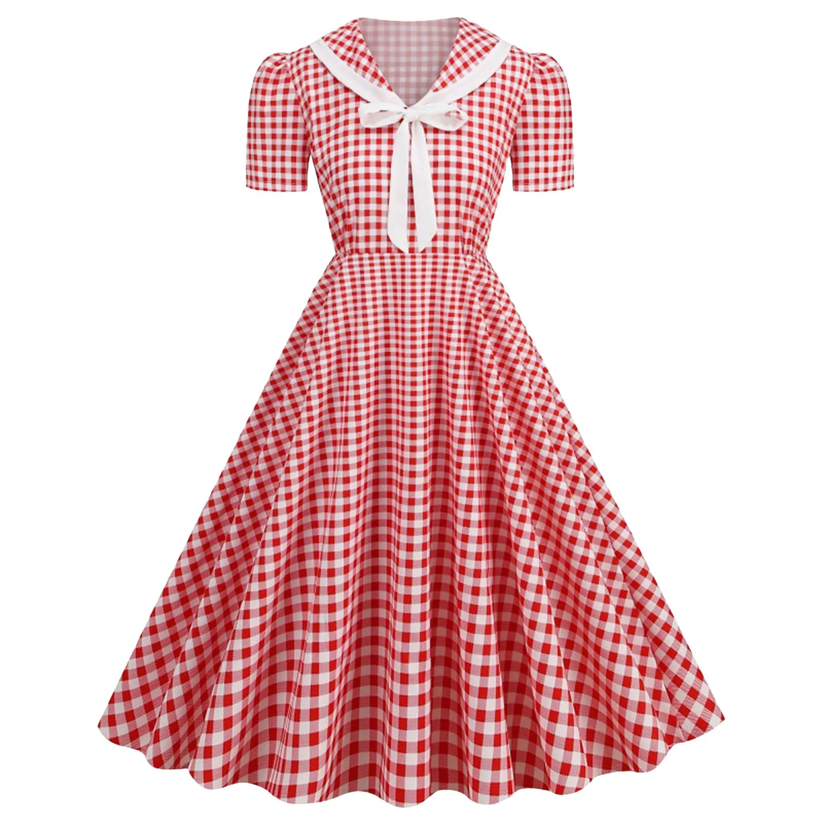 Plaid Printed Vintage Dresses Women Retro 50s 60s Swing Dress Rockabilly Party A Line Dress Summer Lady Bow Prom Dresses Vestido