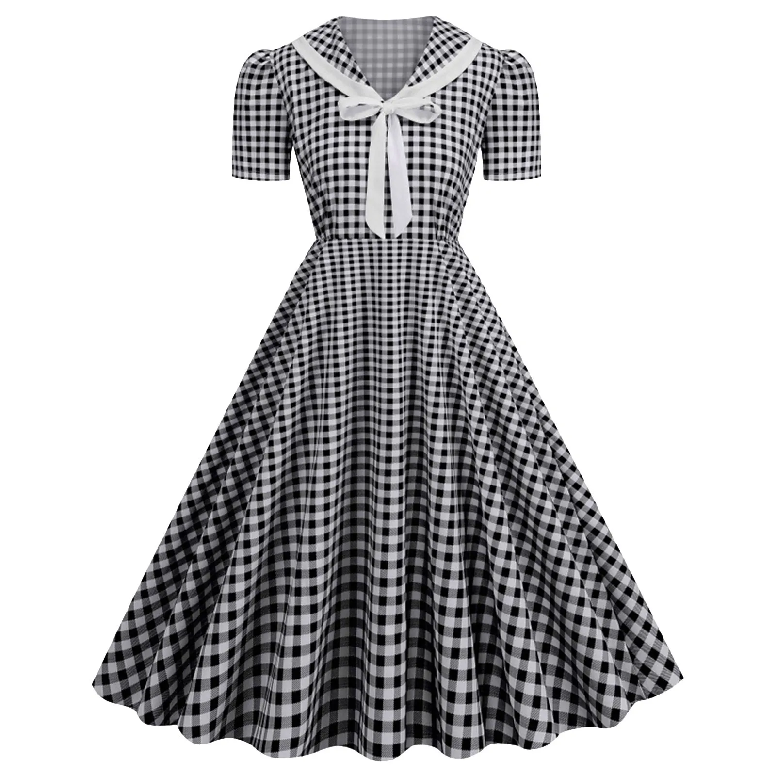 Plaid Printed Vintage Dresses Women Retro 50s 60s Swing Dress Rockabilly Party A Line Dress Summer Lady Bow Prom Dresses Vestido