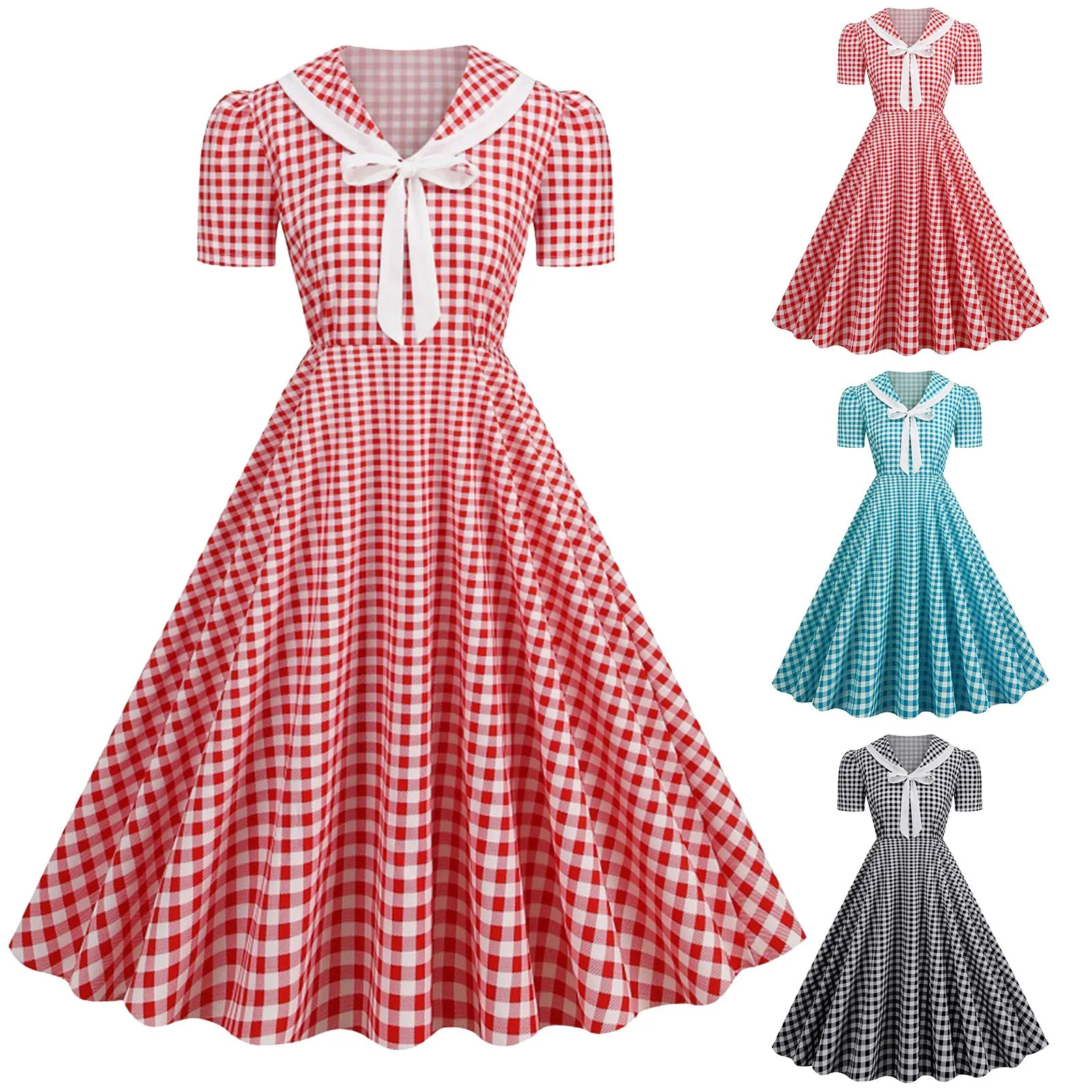 Plaid Printed Vintage Dresses Women Retro 50s 60s Swing Dress Rockabilly Party A Line Dress Summer Lady Bow Prom Dresses Vestido