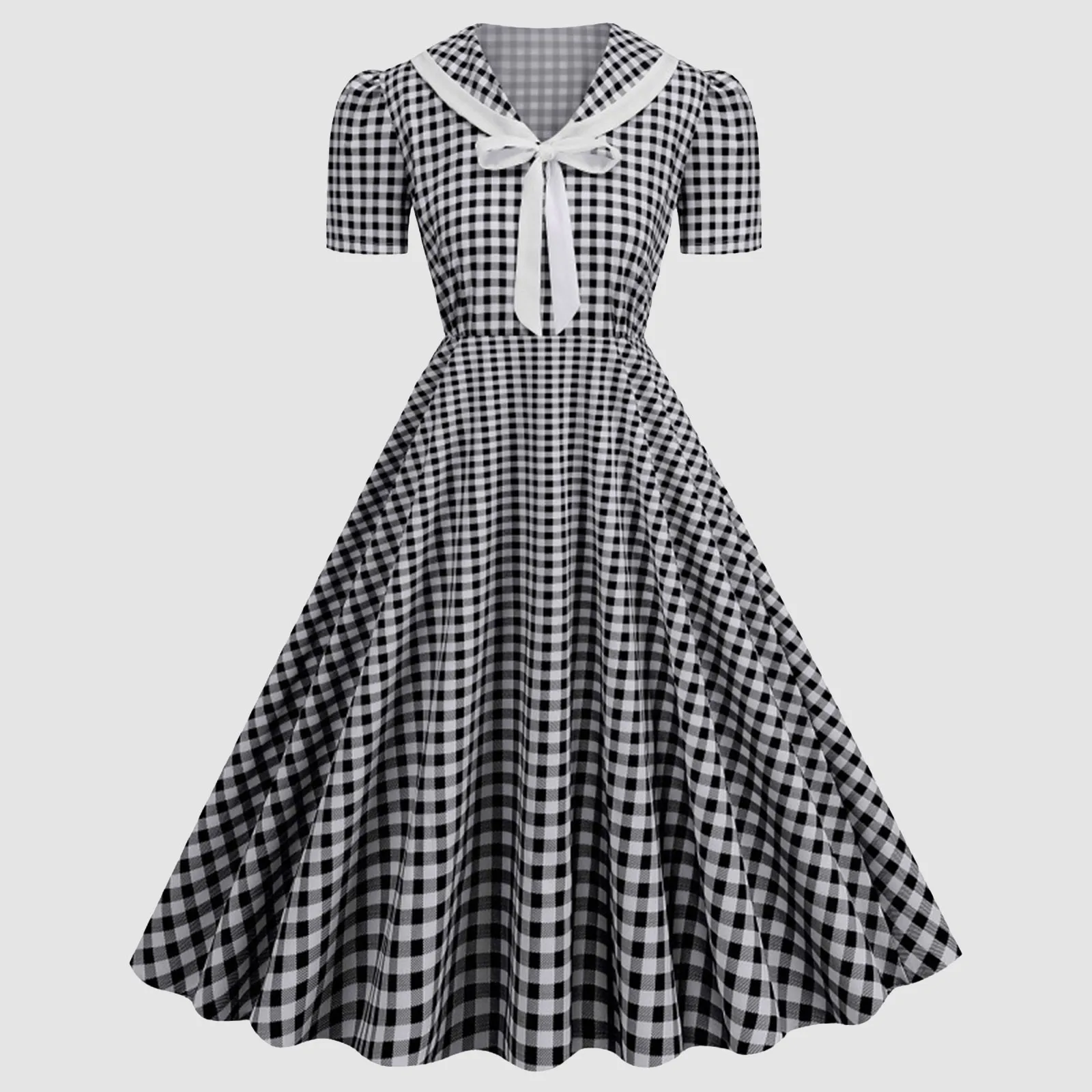 Plaid Printed Vintage Dresses Women Retro 50s 60s Swing Dress Rockabilly Party A Line Dress Summer Lady Bow Prom Dresses Vestido