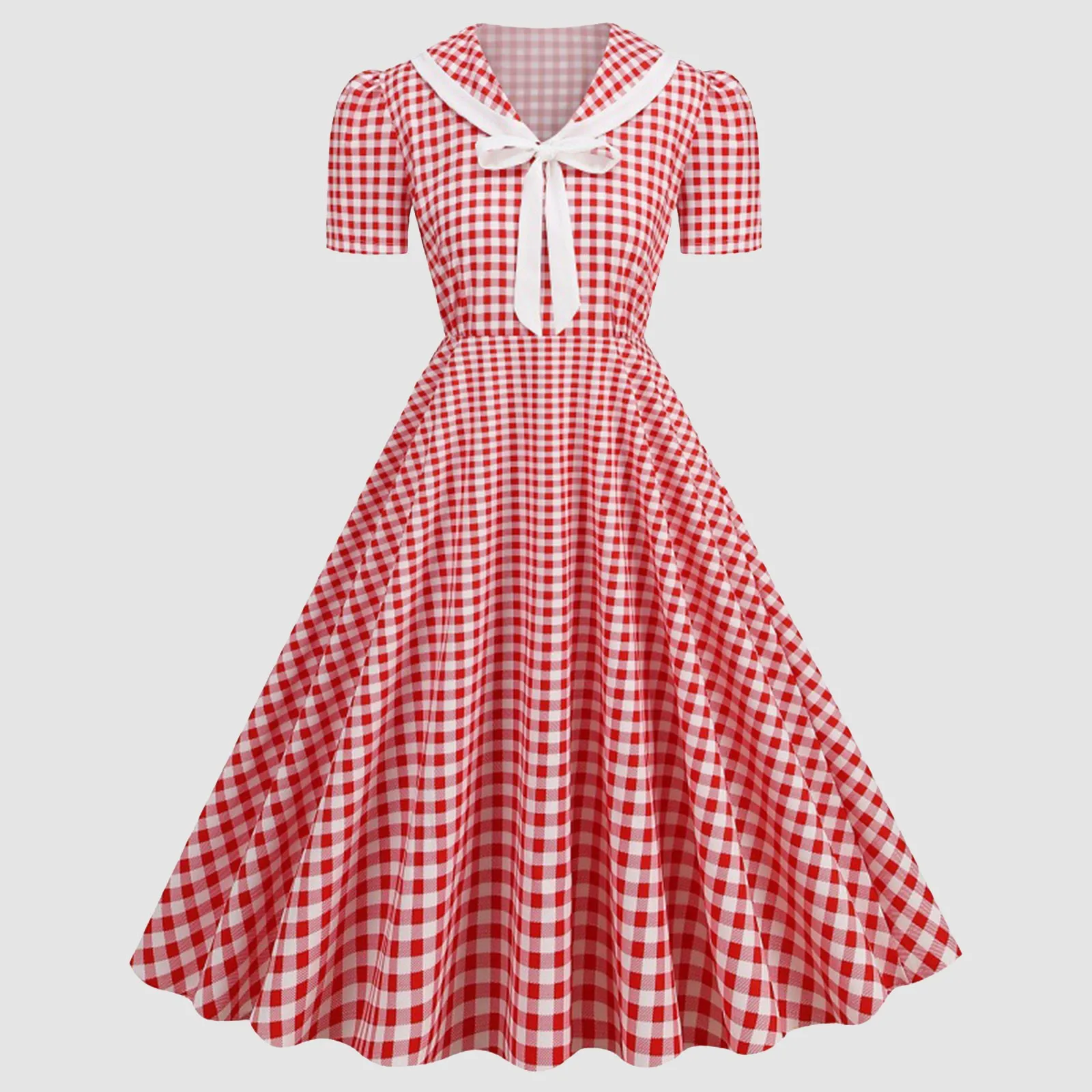 Plaid Printed Vintage Dresses Women Retro 50s 60s Swing Dress Rockabilly Party A Line Dress Summer Lady Bow Prom Dresses Vestido