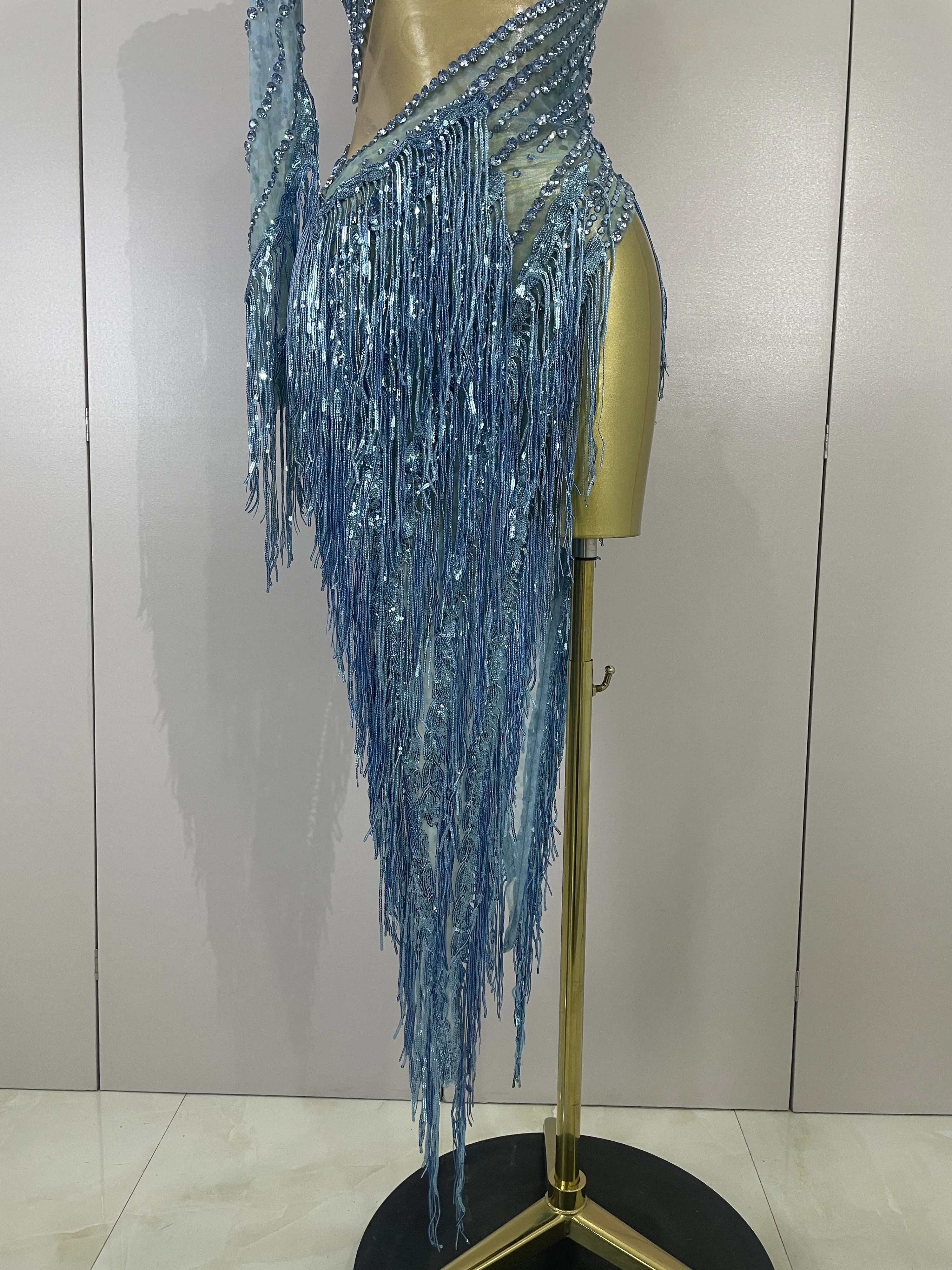 Sexy Latin Dance Outfits Sparkly Diamond Blue Rhinestone Mesh One Shoulder Tassel Dress Eveing Party Bar Nightclub Stage Costume