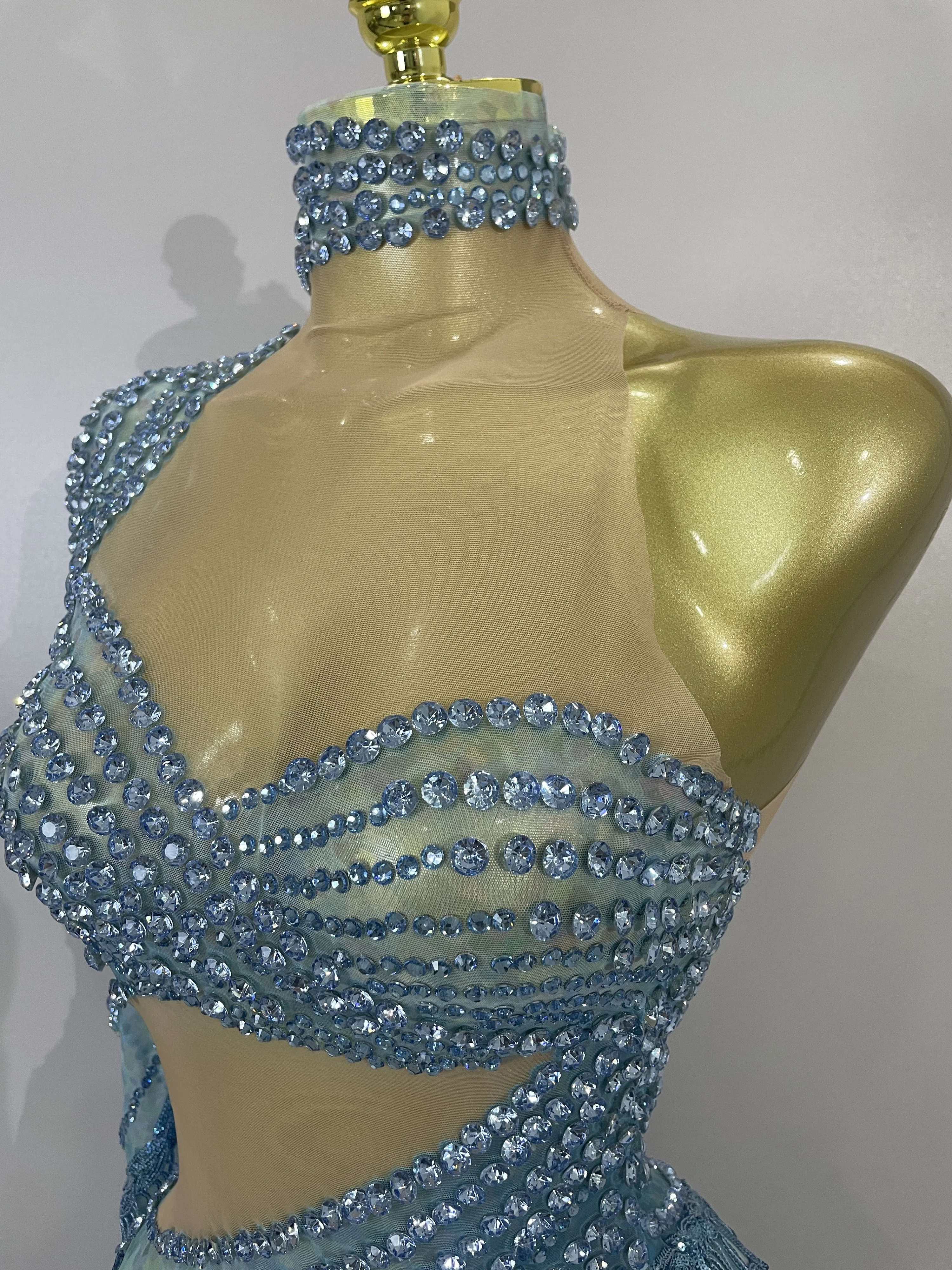 Sexy Latin Dance Outfits Sparkly Diamond Blue Rhinestone Mesh One Shoulder Tassel Dress Eveing Party Bar Nightclub Stage Costume