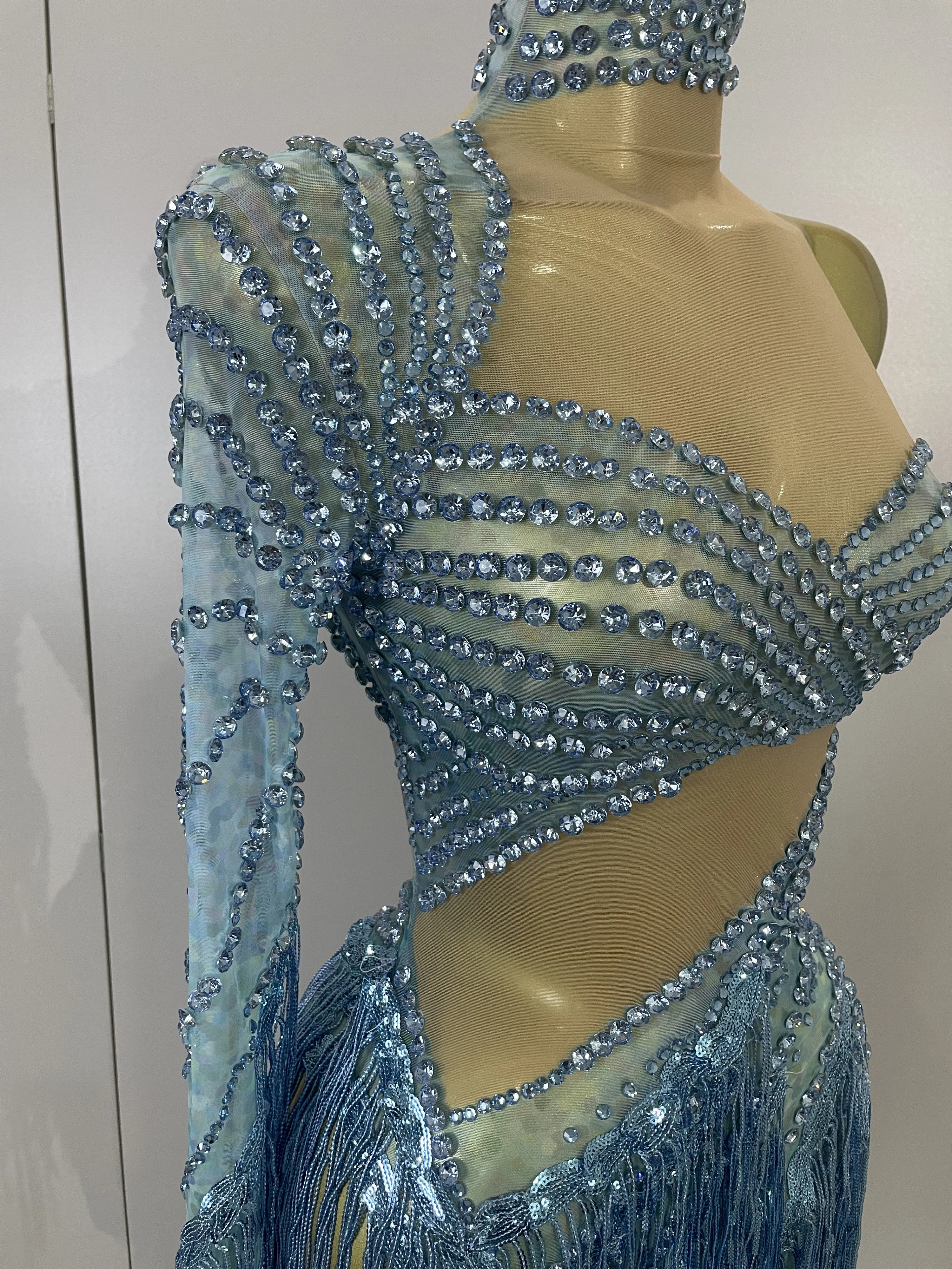Sexy Latin Dance Outfits Sparkly Diamond Blue Rhinestone Mesh One Shoulder Tassel Dress Eveing Party Bar Nightclub Stage Costume