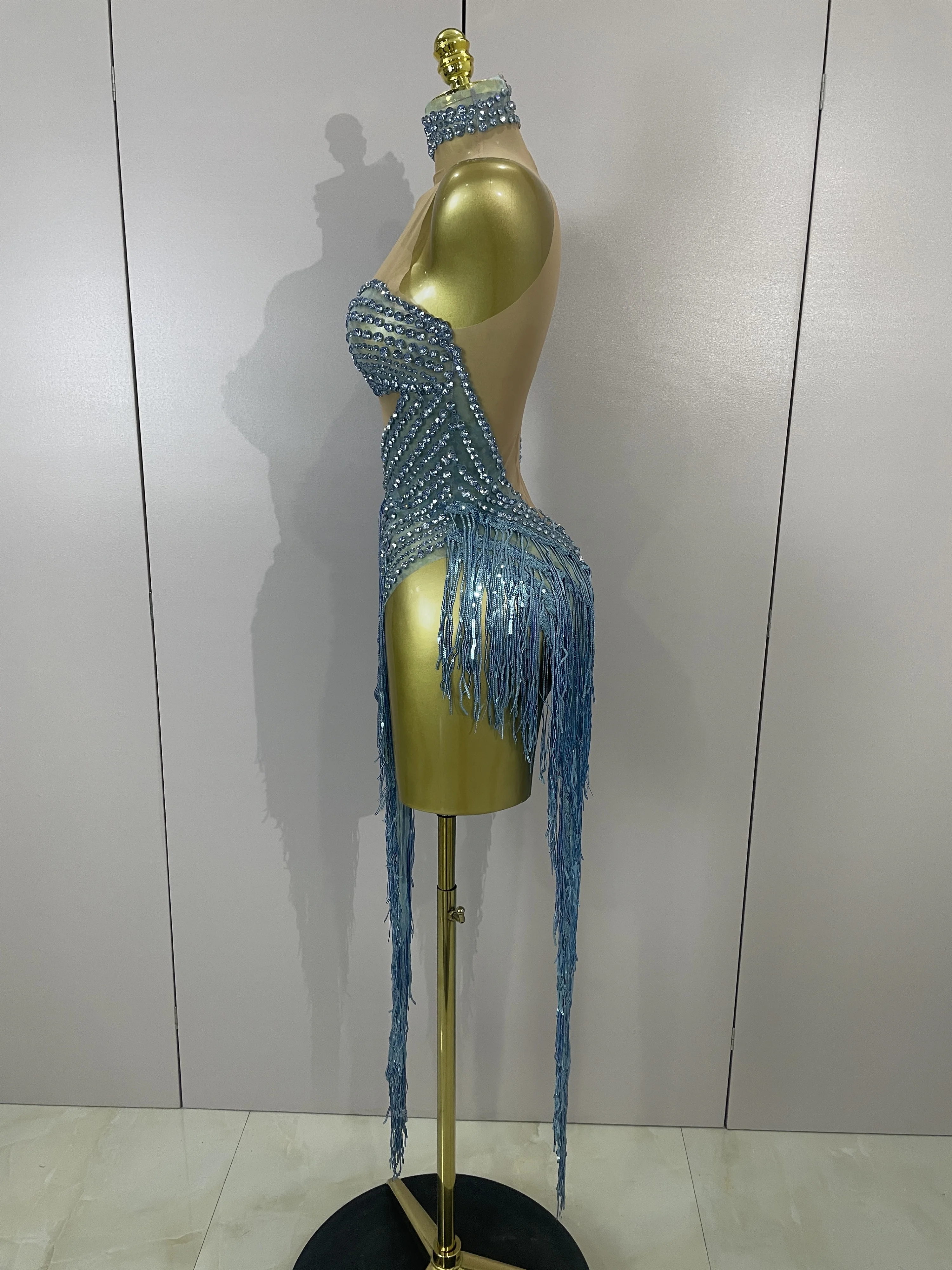 Sexy Latin Dance Outfits Sparkly Diamond Blue Rhinestone Mesh One Shoulder Tassel Dress Eveing Party Bar Nightclub Stage Costume