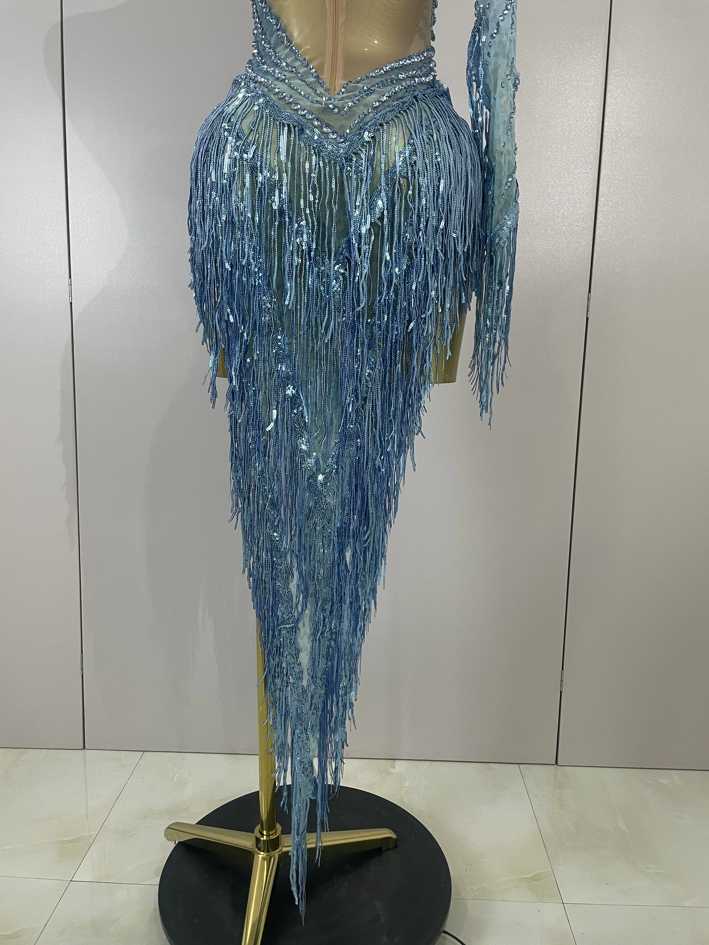 Sexy Latin Dance Outfits Sparkly Diamond Blue Rhinestone Mesh One Shoulder Tassel Dress Eveing Party Bar Nightclub Stage Costume