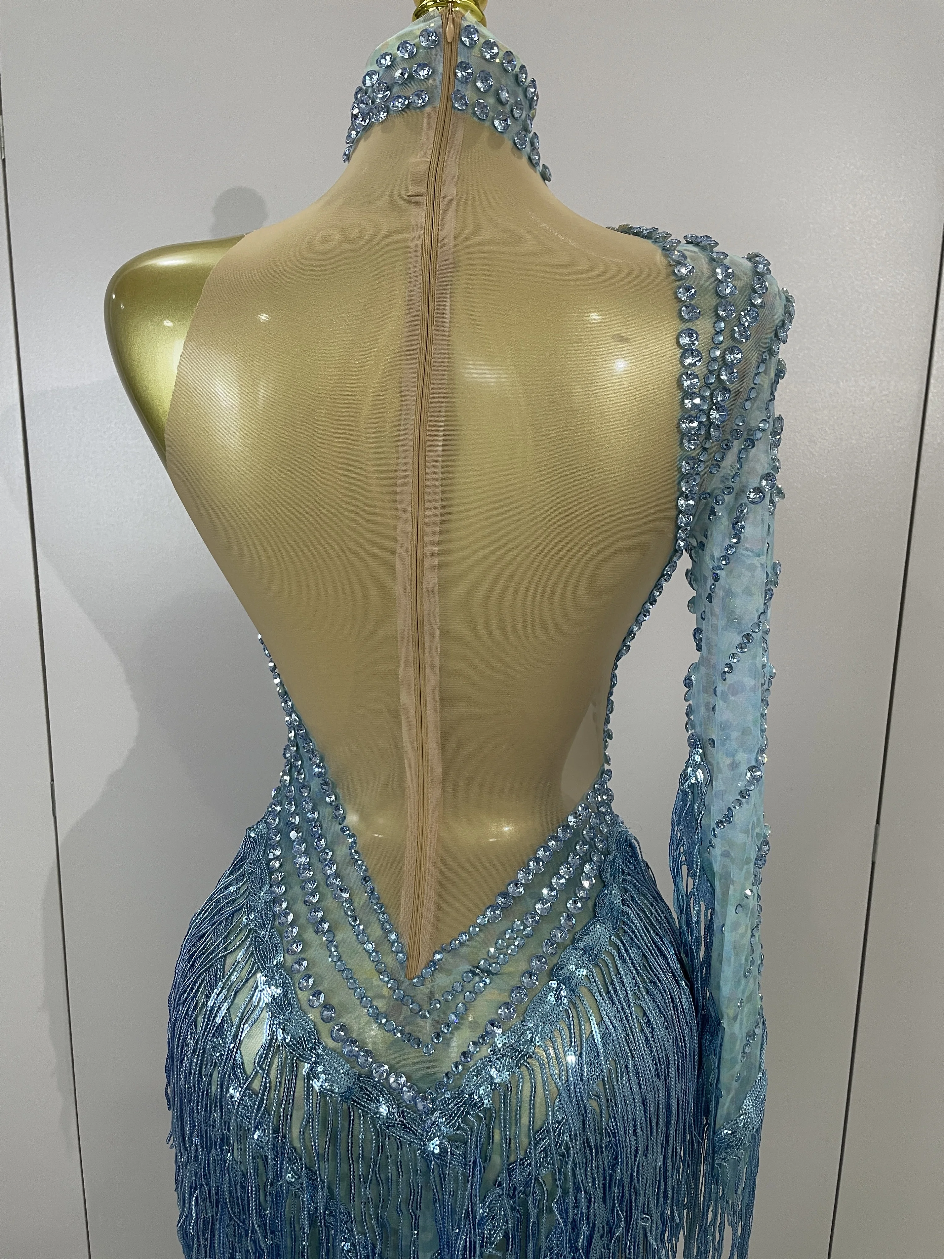 Sexy Latin Dance Outfits Sparkly Diamond Blue Rhinestone Mesh One Shoulder Tassel Dress Eveing Party Bar Nightclub Stage Costume