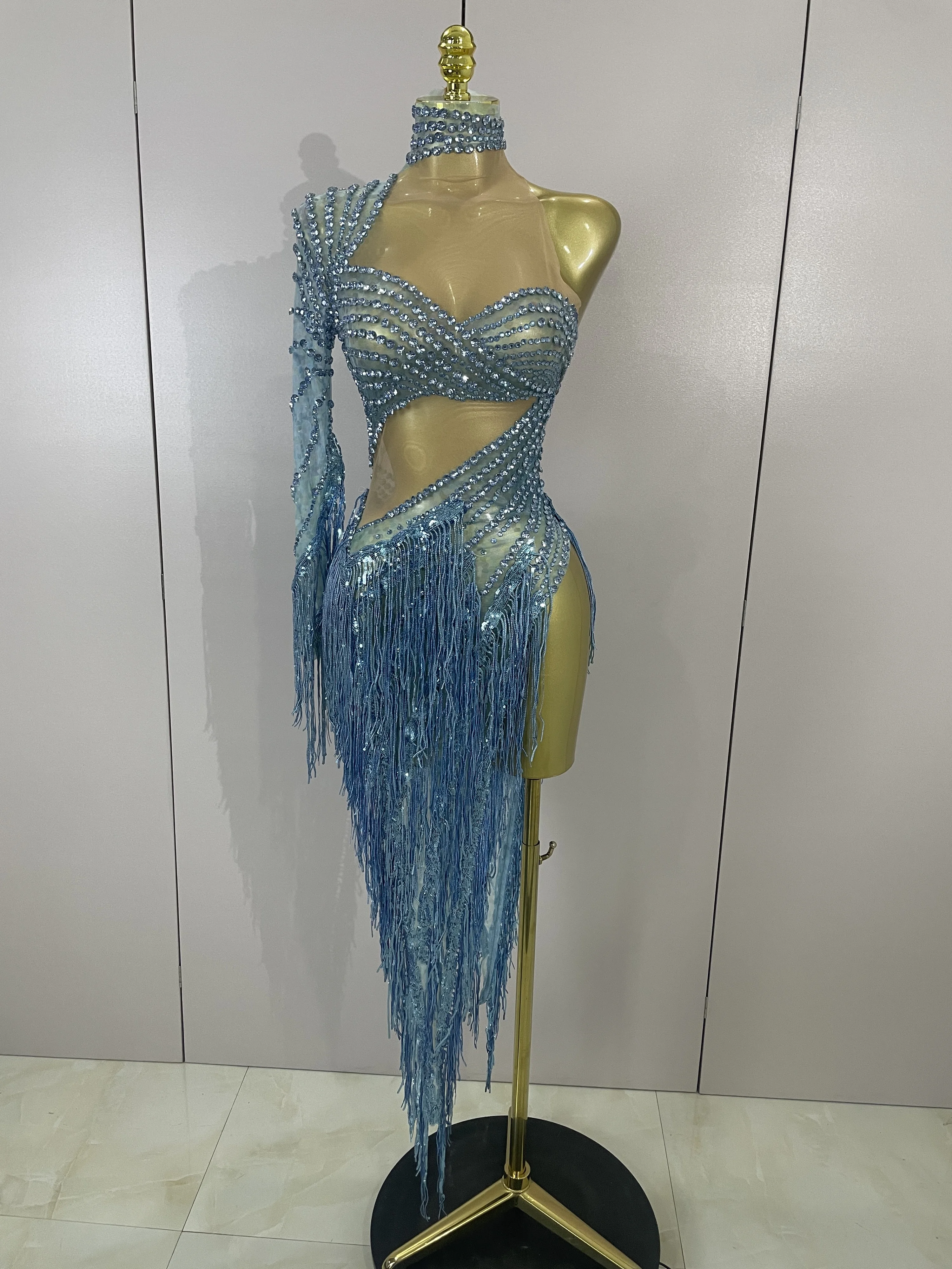 Sexy Latin Dance Outfits Sparkly Diamond Blue Rhinestone Mesh One Shoulder Tassel Dress Eveing Party Bar Nightclub Stage Costume