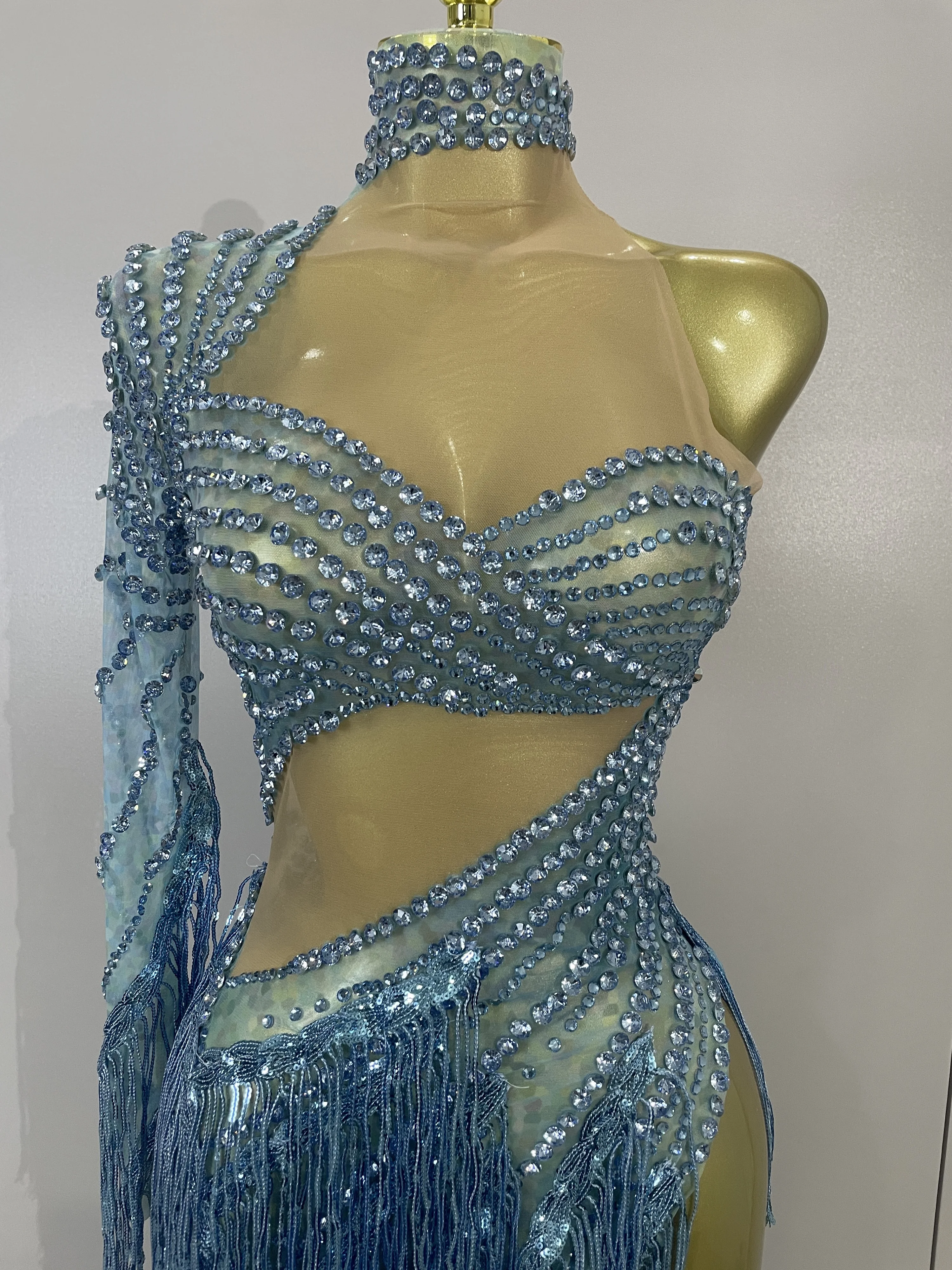 Sexy Latin Dance Outfits Sparkly Diamond Blue Rhinestone Mesh One Shoulder Tassel Dress Eveing Party Bar Nightclub Stage Costume