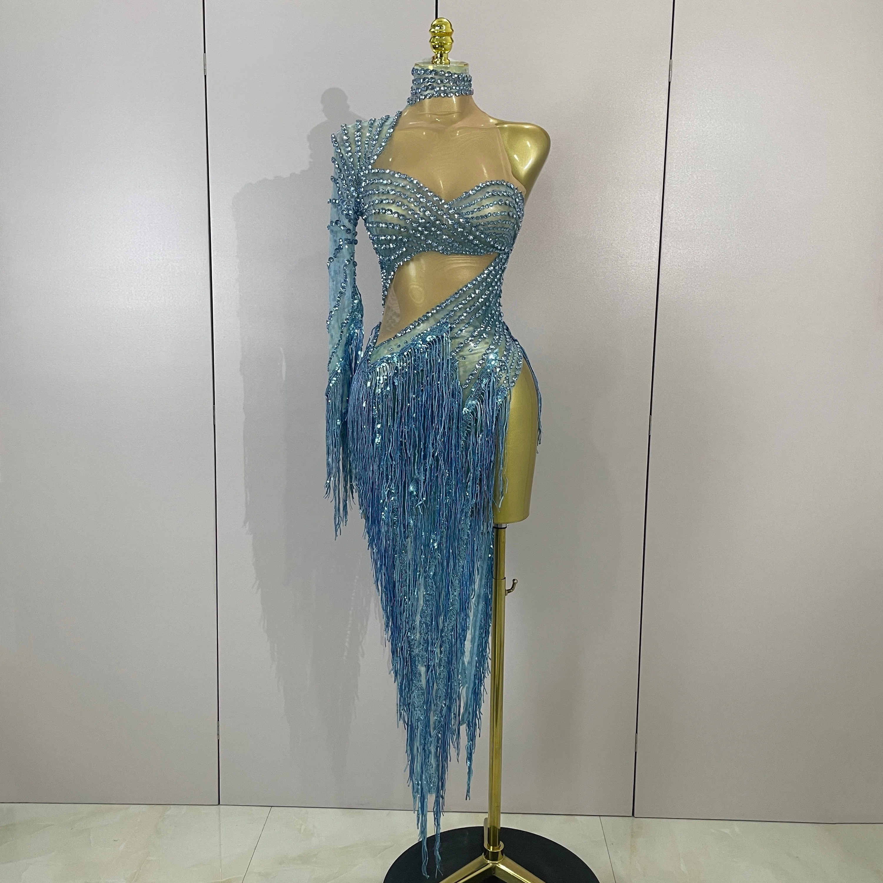 Sexy Latin Dance Outfits Sparkly Diamond Blue Rhinestone Mesh One Shoulder Tassel Dress Eveing Party Bar Nightclub Stage Costume